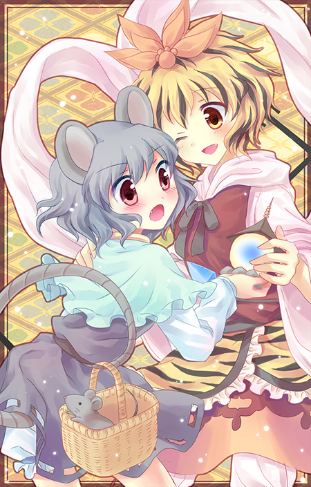 kuguri oimo, nazrin, toramaru shou, touhou, 2girls, animal ears, basket, bishamonten's pagoda, female focus, hair ornament, mouse (animal), mouse ears, mouse tail, multicolored hair, multiple girls, red eyes, shawl, short hair, tail, yellow eyes
