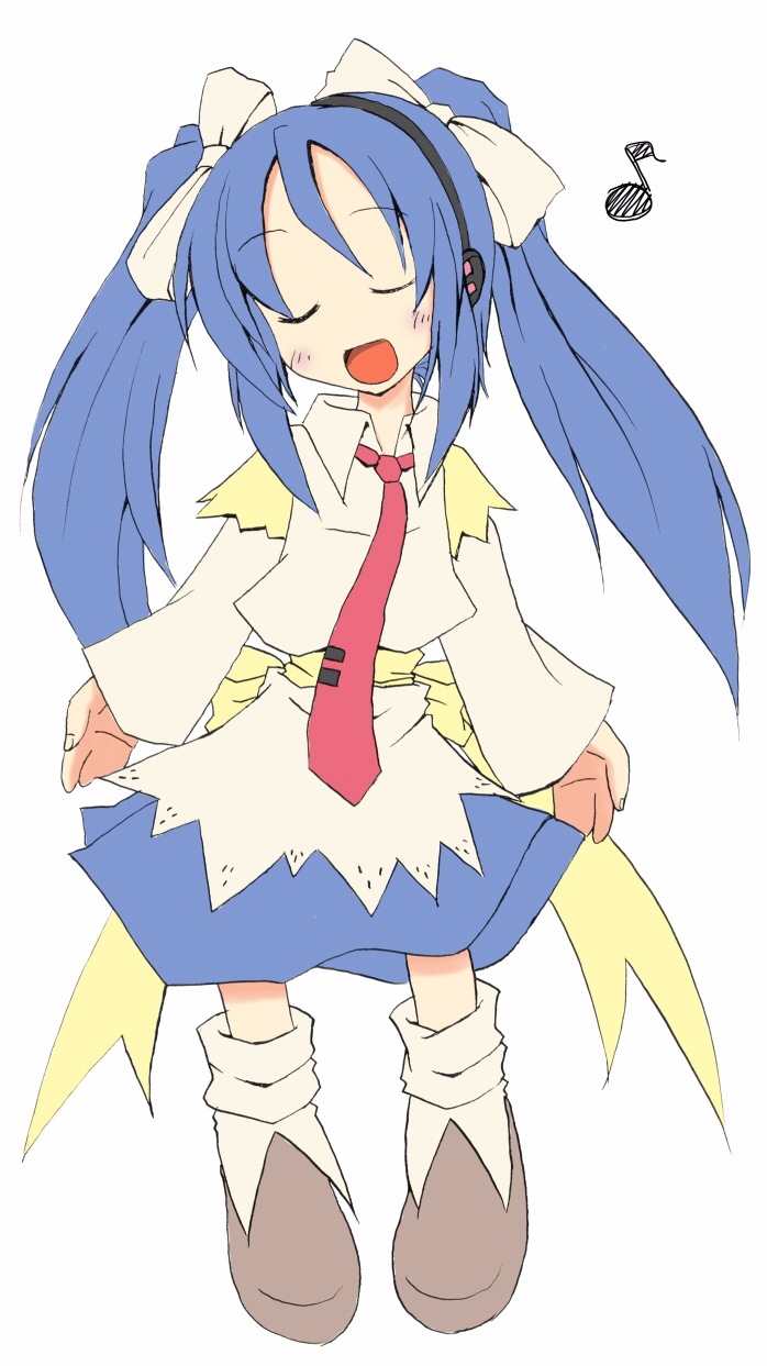 yuuhi alpha, sakura (ukagaka), ukagaka, commentary request, highres, 1girl, back bow, blue hair, boots, bow, closed eyes, collared shirt, hair bow, headphones, long hair, long sleeves, music, musical note, necktie, open mouth, shirt, simple background, singing, skirt, skirt set, smile, solo, tie clip, twintails, very long hair, white background