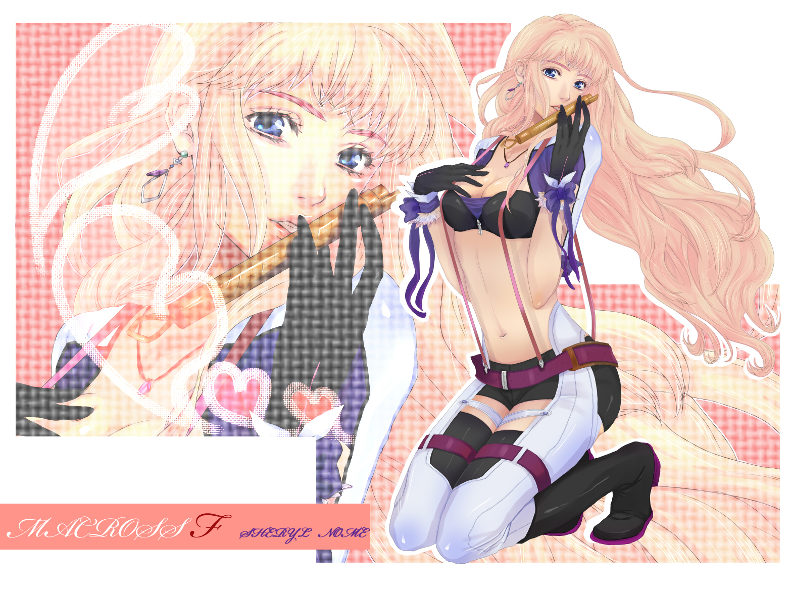 ramta, sheryl nome, macross, macross frontier, bad id, bad pixiv id, 00s, 1girl, blue eyes, breasts, cleavage, earrings, female focus, jewelry, kneeling, long hair, microphone, pink hair, solo, suspenders