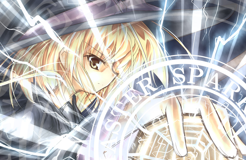 itsutsuki, kirisame marisa, touhou, bad id, bad pixiv id, 1girl, blonde hair, english text, female focus, hat, lightning, magic circle, mini-hakkero, solo, trigram, witch, witch hat, yellow eyes