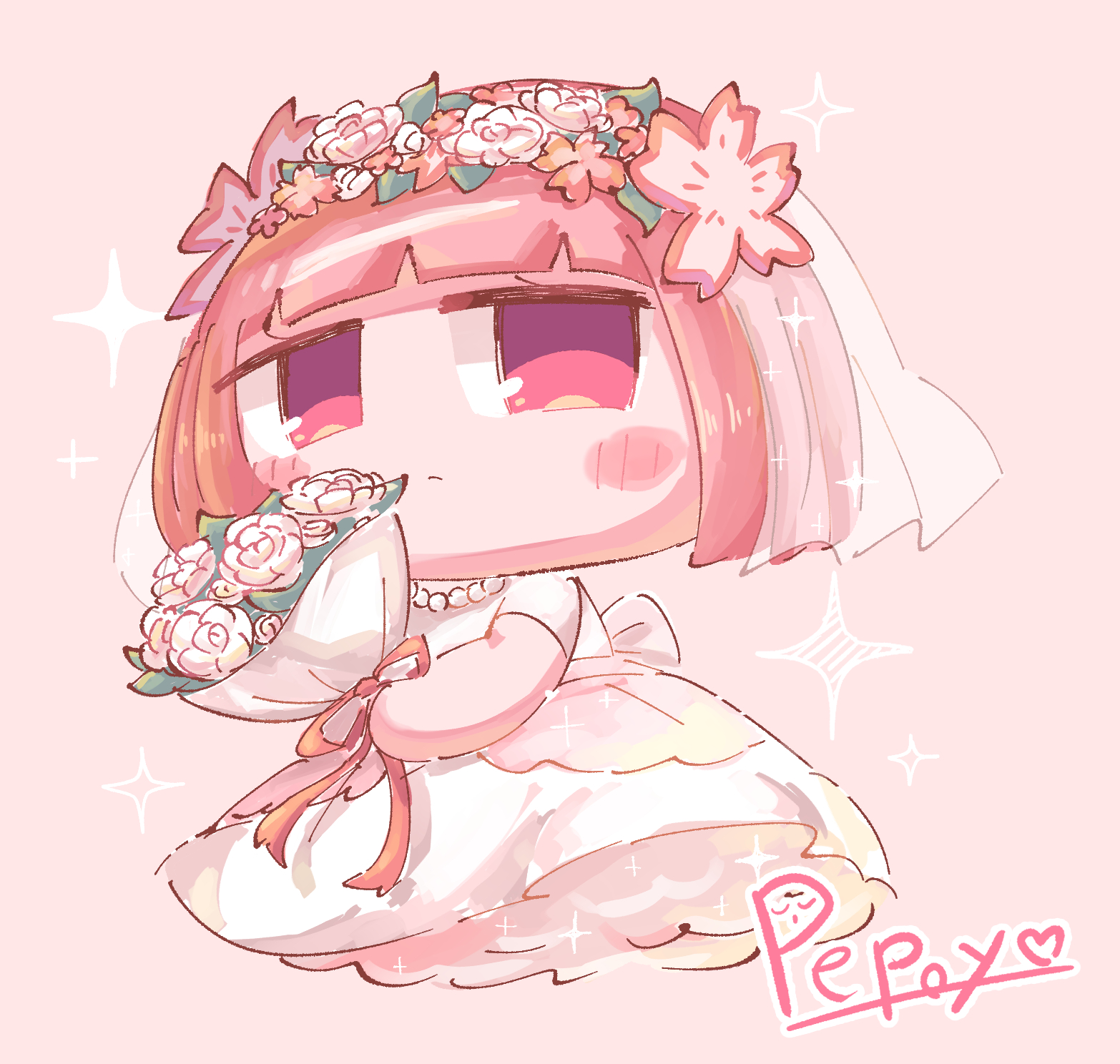 pepoyo, vy1, vocaloid, commentary request, highres, 1girl, alternate costume, artist name, blunt bangs, blunt ends, bouquet, bridal veil, chibi, chibi only, closed mouth, dress, expressionless, flower, from below, full body, gloves, hair flower, hair ornament, head wreath, holding, holding bouquet, jewelry, jitome, necklace, pink background, pink eyes, pink gloves, pink hair, short hair, signature, veil, wedding dress, white dress, white flower