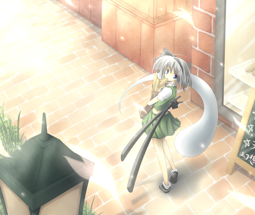 itsutsuki, konpaku youmu, konpaku youmu (ghost), touhou, silver hair, bad id, bad pixiv id, 1girl, blue eyes, bread, female focus, food, from above, ghost, hairband, hitodama, katana, ribbon, short hair, solo, sword, weapon