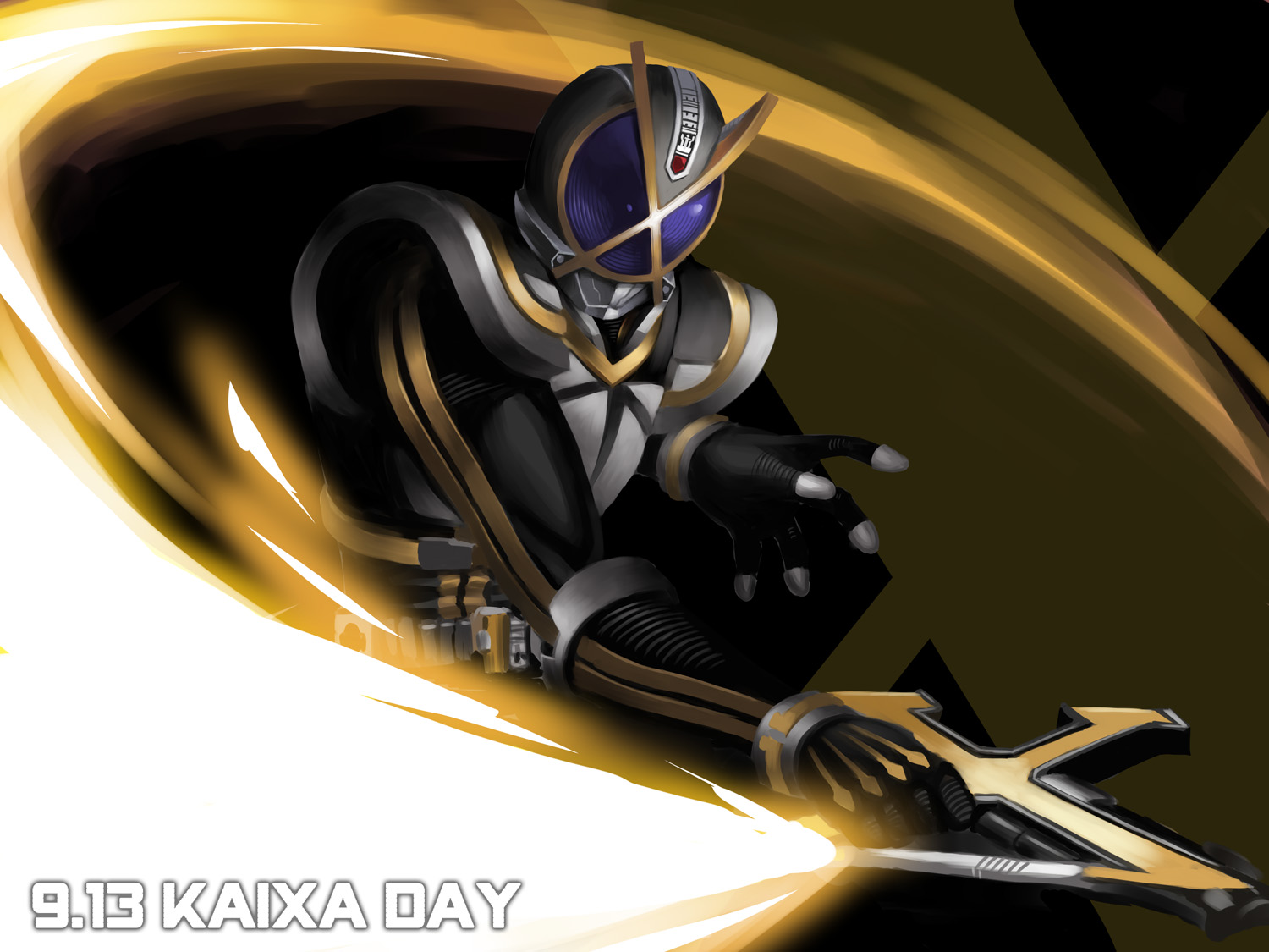 obui, kamen rider kaixa, kamen rider, kamen rider 555, 1boy, bodysuit, holding, holding sword, holding weapon, male focus, mask, slashing, solo, sword, weapon
