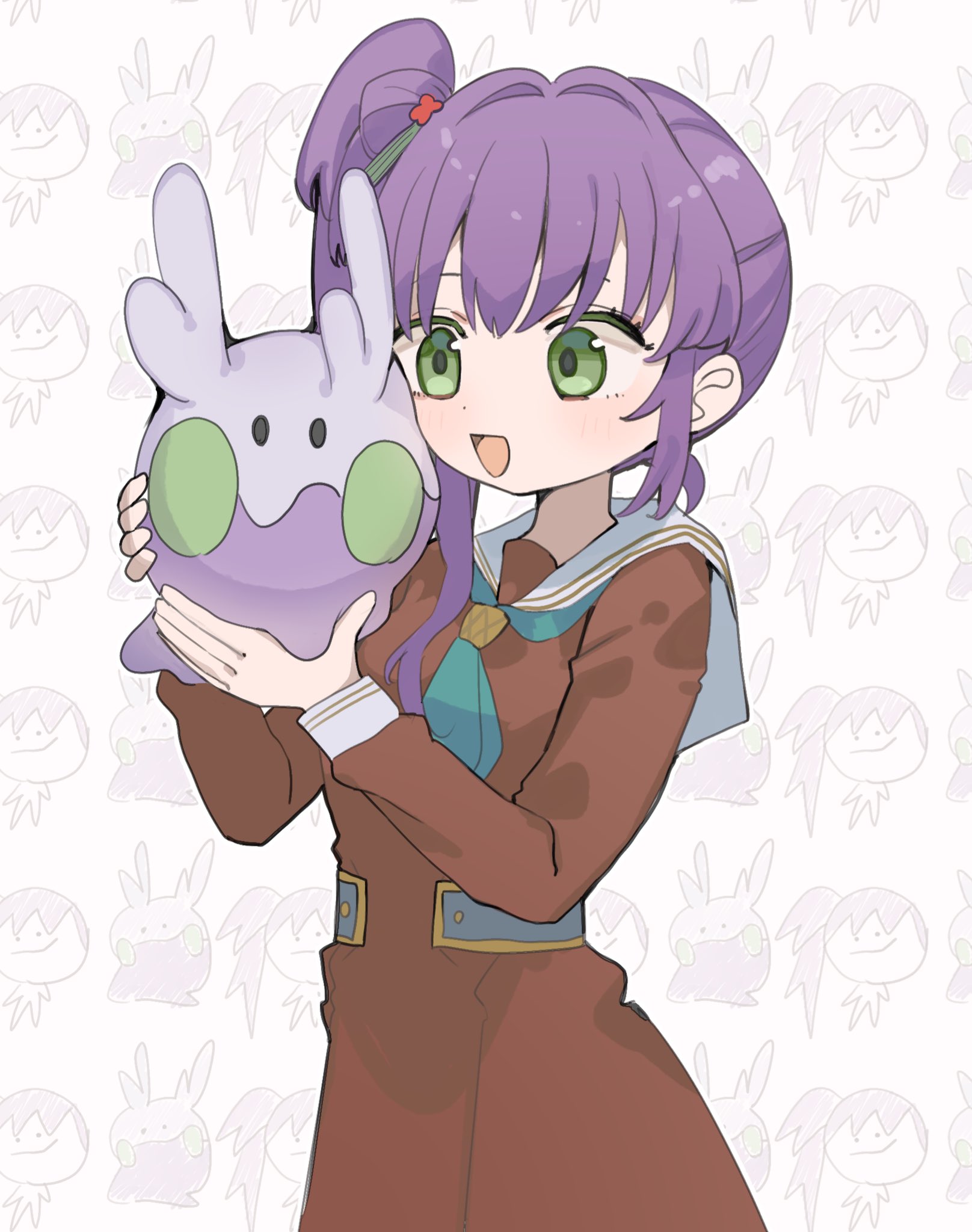 nagisa iori, goomy, otomune kozue, link! like! love live!, love live!, nintendo, pokemon, commentary, highres, 1girl, :d, aqua neckerchief, brown dress, color connection, crossover, doodle background, dress, flower, gen 6 pokemon, green eyes, hair bun, hair flower, hair ornament, hanamiya nina (style), hasu no sora school uniform, holding, holding pokemon, long sleeves, neckerchief, open mouth, pleated dress, pokemon (creature), purple hair, red flower, sailor collar, sailor dress, school uniform, side ponytail, single side bun, smile, tassel, tassel hair ornament, virtual youtuber, white background, white sailor collar, winter uniform