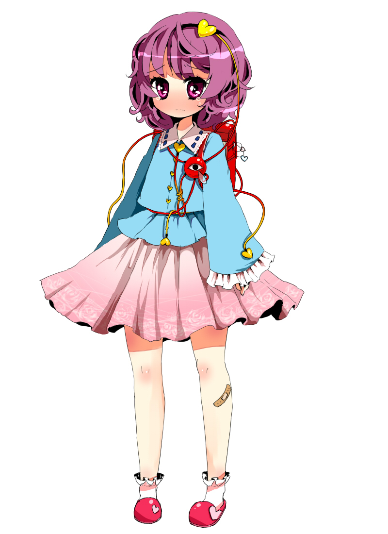 nijuu raku, tsudu, komeiji satori, touhou, bad id, bad pixiv id, 1girl, backpack, bag, bandaid, child, female focus, hairband, heart, purple eyes, purple hair, randoseru, short hair, solo, teardrop, tears