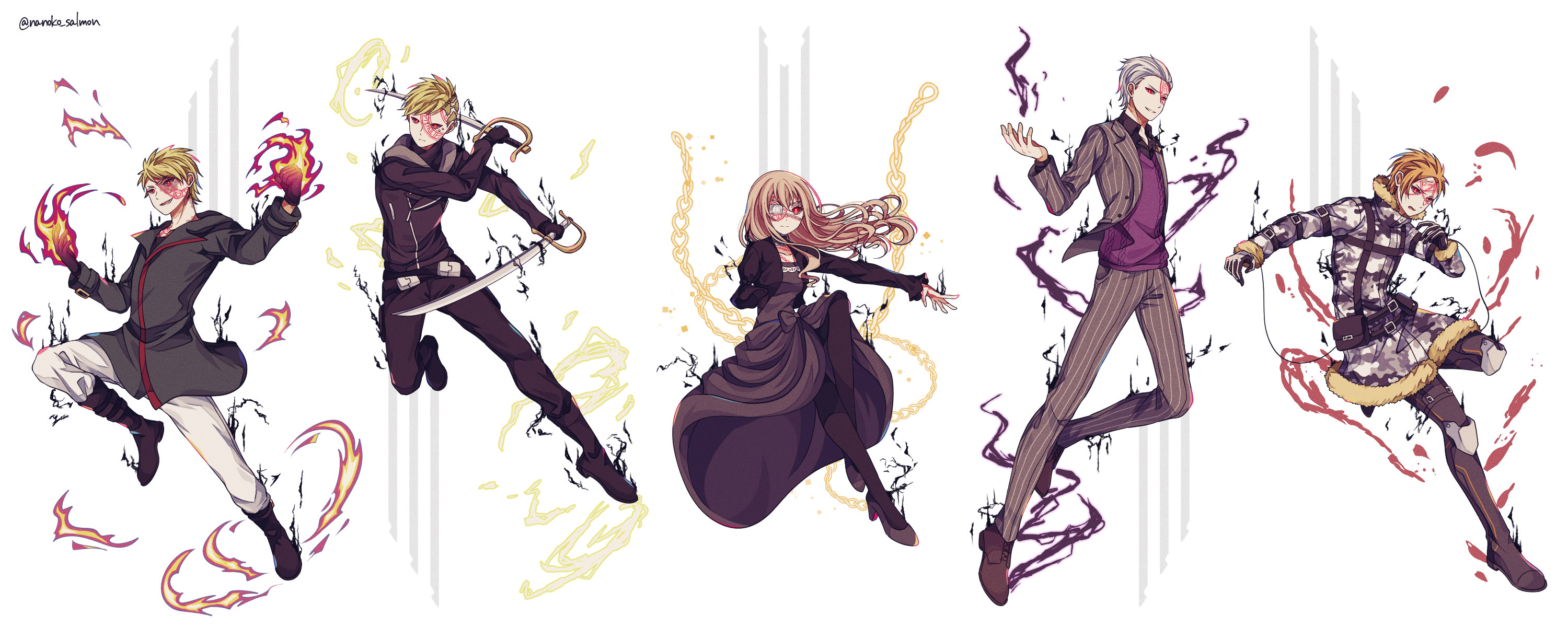 nanoko, fugo dressel, noel cerquetti, oscar dressel, higyaku no noel, highres, 1girl, 4boys, anti-eyebrow piercing, black dress, black gloves, black jacket, black sclera, blonde hair, boots, brothers, burn scar, camouflage, camouflage jacket, chain, choker, colored sclera, cutlass, dress, dual wielding, eye piercing, eyepatch, face piercing, fire, formal clothes, fur-trimmed jacket, fur trim, gloves, green jacket, holding, hood, jacket, long hair, medical eyepatch, multiple boys, piercing, red eyes, ribelio strada, russell burrows, scar, scar on face, scar on forehead, severed arm, severed limb, short hair, siblings, smile, suit