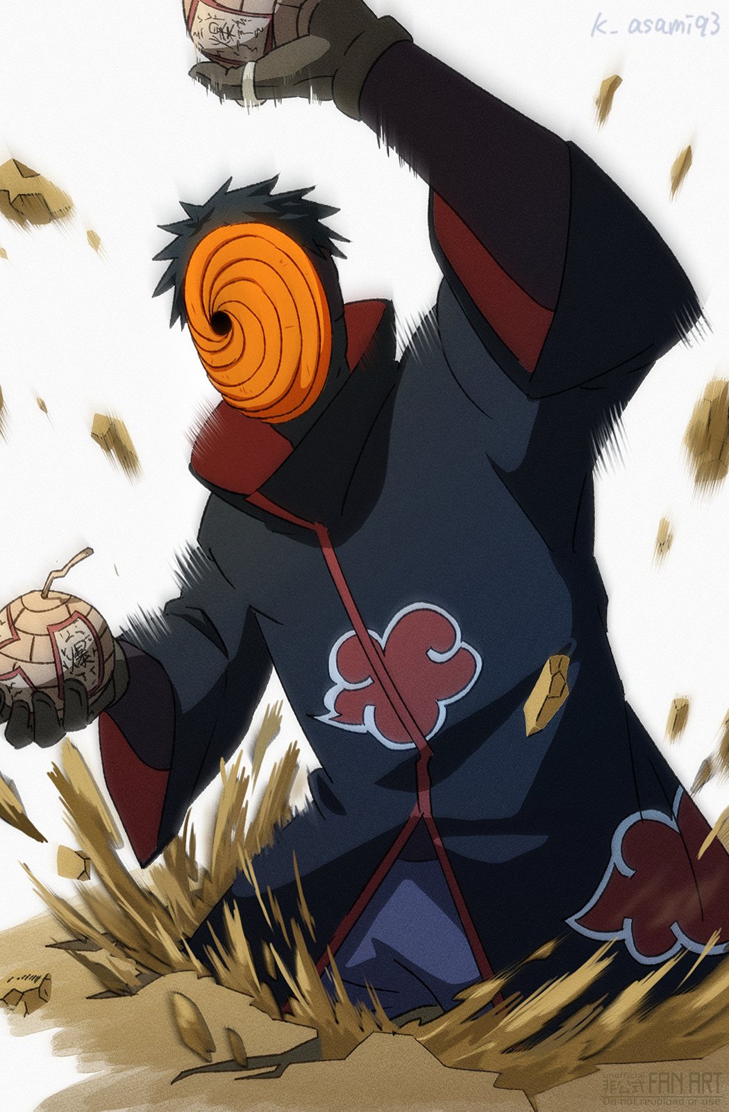 tobi (naruto), uchiha obito, naruto (series), naruto shippuuden, highres, 1boy, akatsuki uniform, artist name, asamishi, black coat, black hair, bomb, coat, explosive, gloves, grey gloves, holding, holding bomb, long sleeves, male focus, mask, orange mask, short hair, solo, white background