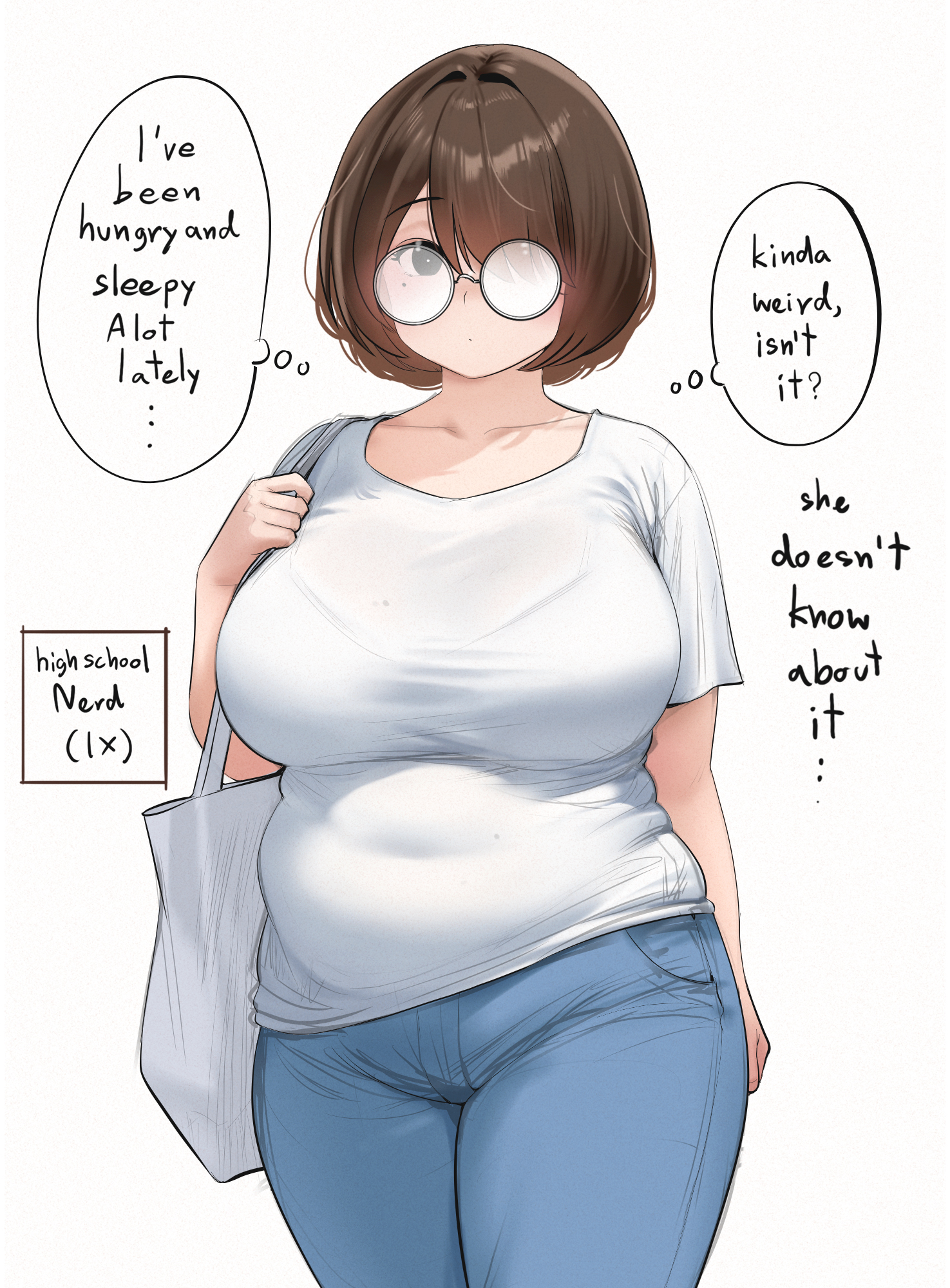 original, commentary, english commentary, highres, …, 1girl, blue pants, breasts, brown hair, closed mouth, collarbone, covered navel, cowboy shot, dot mouth, english text, glasses, hair over one eye, huge breasts, judies (judynharmonia), looking at viewer, medium hair, mole, mole on breast, mole on stomach, mole under eye, pants, plump, shirt, short sleeves, simple background, solo, speech bubble, thick thighs, thighs, thought bubble, white background, white shirt