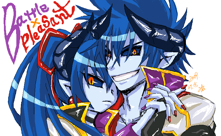 asmodeus (shinrabanshou), beelzebub (shinrabanshou), shinrabanshou, blue hair, blue skin, brother and sister, colored skin, demon, demon boy, demon girl, gloves, horns, oekaki, pointy ears, ponytail, ribbon, siblings, simple background, tail, white background, yellow eyes