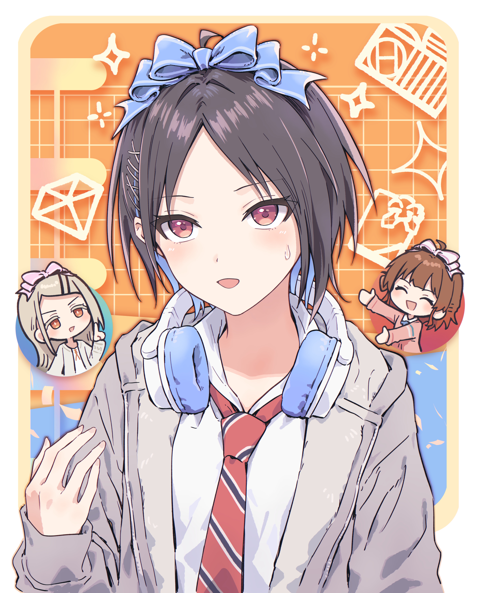 yukitake (bullfalk), hanami ume, mashiro yu, shinosawa hiro, gakuen idolmaster, idolmaster, commentary, highres, symbol-only commentary, 3girls, :d, ^ ^, ahoge, black hair, blue bow, blue hair, border, bow, brown hair, chibi, chibi inset, closed eyes, collared shirt, colored inner hair, colored tips, diagonal-striped clothes, diagonal-striped necktie, gem (symbol), gradient hair, grey hair, grey jacket, grid background, hair bow, hair ornament, hairclip, hatsuboshi gakuen school uniform, headphones, headphones around neck, jacket, long sleeves, medium hair, multicolored hair, multiple girls, necktie, open clothes, open jacket, open mouth, orange background, orange eyes, orange hair, outside border, parallel hairclips, parted bangs, pink bow, red eyes, red necktie, school uniform, shirt, short hair, smile, solo focus, striped clothes, sweatdrop, upper body, white border, white shirt, x hair ornament