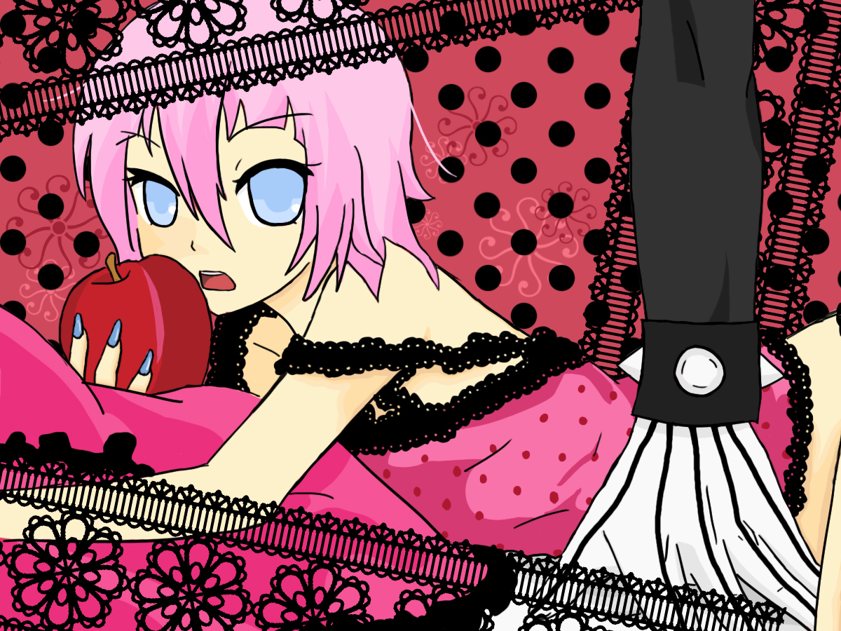 crona (soul eater), ragnarok (soul eater), romeo to cinderella (vocaloid), soul eater, vocaloid, gender request, androgynous, apple, bed, black skin, blue eyes, blue nails, colored skin, food, fruit, gloves, hair between eyes, lingerie, lying, nail polish, off shoulder, on bed, on stomach, open mouth, pajamas, parody, pillow, pink hair, short hair, spikes, strap slip, striped clothes, striped gloves, underwear, wristband