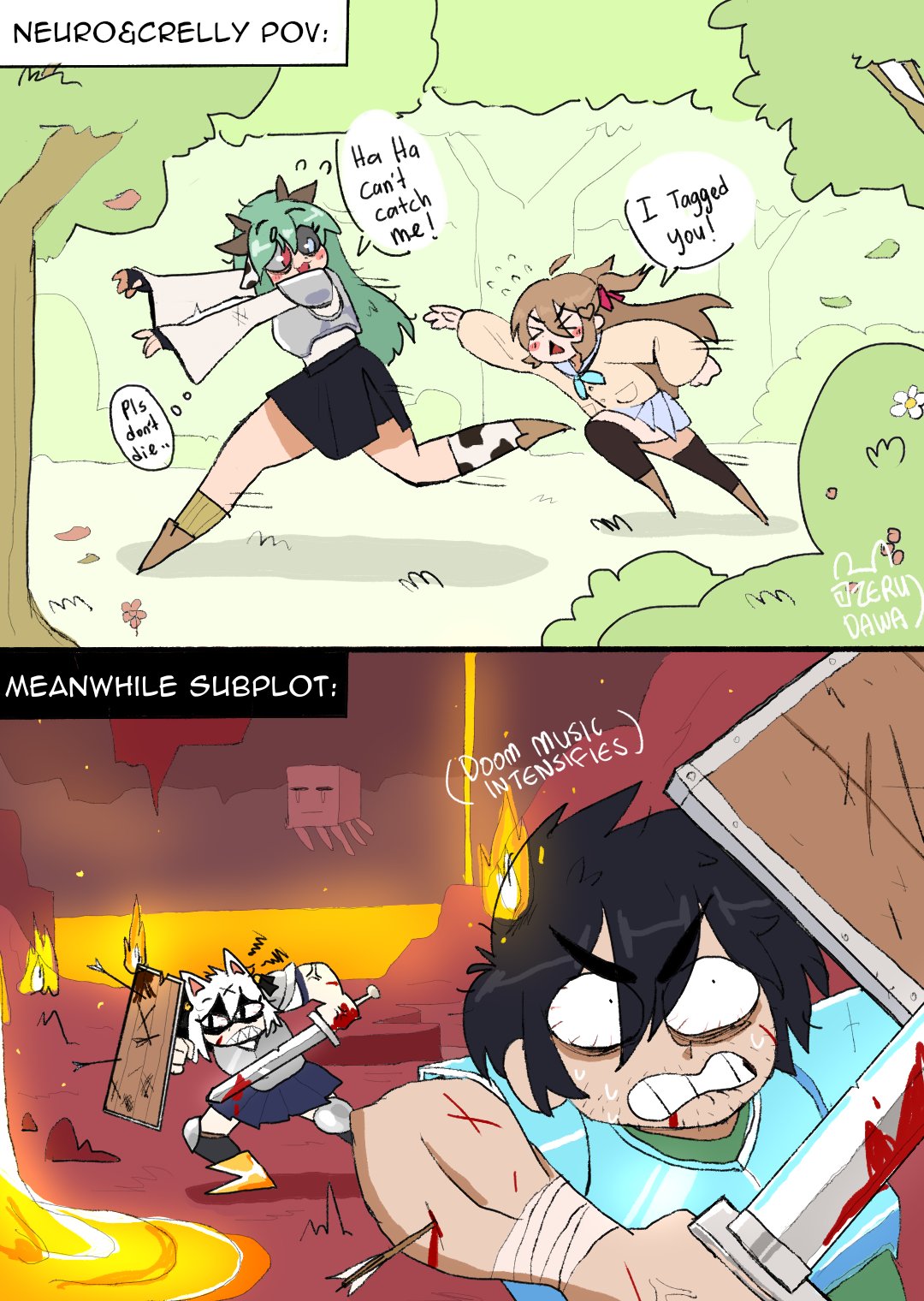 crelly (vtuber), filian (vtuber), neuro-sama, vedal987, minecraft, highres, > <, 1boy, 3girls, :<, :3, :d, anger vein, animal ears, armor, arrow (projectile), arrow in armor, arrow in body, bags under eyes, battle, biceps, black hair, black sclera, black skirt, black socks, blood, blood from mouth, blood on arm, blood on face, bloody weapon, blue bow, blue bowtie, blue pupils, blue sailor collar, blue skirt, blush, bow, bowtie, breastplate, brown hair, brown shoes, burning, burning hair, bush, cardigan, cat ears, chasing, clenched hand, clenched teeth, colored sclera, comparison, cow ears, cow horns, cow print socks, english text, facial hair, falling leaves, fire, fleeing, flying sweatdrops, forest, full body, green hair, hair between eyes, hair ribbon, holding, holding shield, holding sword, holding weapon, horns, lava, leaf, long hair, long sleeves, looking at another, messy hair, miniskirt, motion lines, multiple girls, nature, on grass, open mouth, outdoors, outstretched arm, outstretched arms, peanut mouth, pink ribbon, pleated skirt, puffy long sleeves, puffy sleeves, reaching, red pupils, ribbon, sailor collar, scar, scar on arm, school uniform, serafuku, shaded face, sharp teeth, shield, shirt, shoes, sidelocks, signature, skirt, smile, socks, speech bubble, squiggle, stubble, sweat, sword, teeth, thick eyebrows, thought bubble, tree, twitter username, two side up, underground, v-shaped eyebrows, vedal ai, very long hair, weapon, white hair, white shirt, wide sleeves, wrist wrap, yellow cardigan, yellow socks, zerudawaa