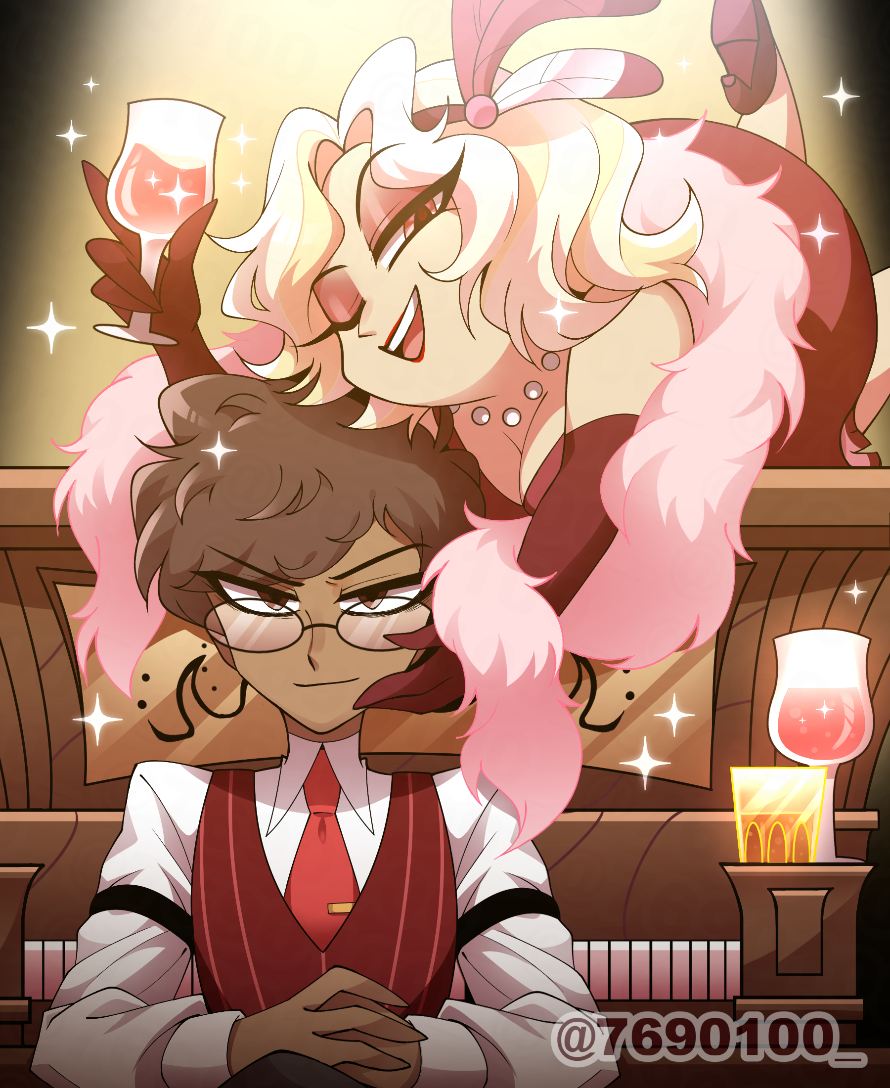 menattou, alastor (hazbin hotel), alastor (human) (hazbin hotel), mimzy (hazbin hotel), hazbin hotel, hellaverse, commentary request, highres, 1boy, 1girl, ;d, alcohol, bare shoulders, bead necklace, beads, black-framed eyewear, blonde hair, breasts, brown eyes, cleavage, closed mouth, collared shirt, cup, dark-skinned male, dark skin, dress, drinking glass, elbow gloves, eyeshadow, fat, fewer digits, foot out of frame, glass, glasses, gloves, grand piano, hair behind ear, hand on another's cheek, hand on another's face, high heels, holding, holding cup, instrument, jewelry, leg up, long sleeves, looking at viewer, lying, makeup, medium breasts, medium dress, mimzy (human) (hazbin hotel), multicolored hair, necklace, necktie, on stomach, one eye closed, open mouth, own hands together, piano, pinstripe pattern, pinstripe vest, red dress, red eyes, red eyeshadow, red gloves, red lips, red necktie, red shoes, red vest, red wine, round eyewear, shirt, shoes, short hair, simple background, sleeveless, sleeveless dress, smile, sparkle, streaked hair, teeth, tongue, twitter username, two-tone hair, upper body, upper teeth only, v-shaped eyebrows, very short hair, vest, vignetting, white hair, white shirt, wine, wine glass, yellow background