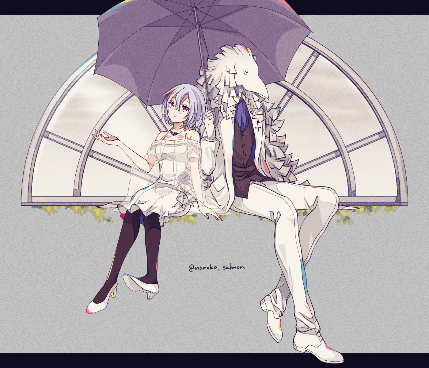 nanoko, jillian littner, higyaku no noel, highres, 1boy, 1girl, animal head, bird boy, black pantyhose, blue hair, caesar (higyaku no noel), demon boy, dress, formal clothes, jewelry, necklace, off-shoulder dress, off shoulder, pantyhose, purple eyes, shared umbrella, short hair, sitting, suit, umbrella, white suit