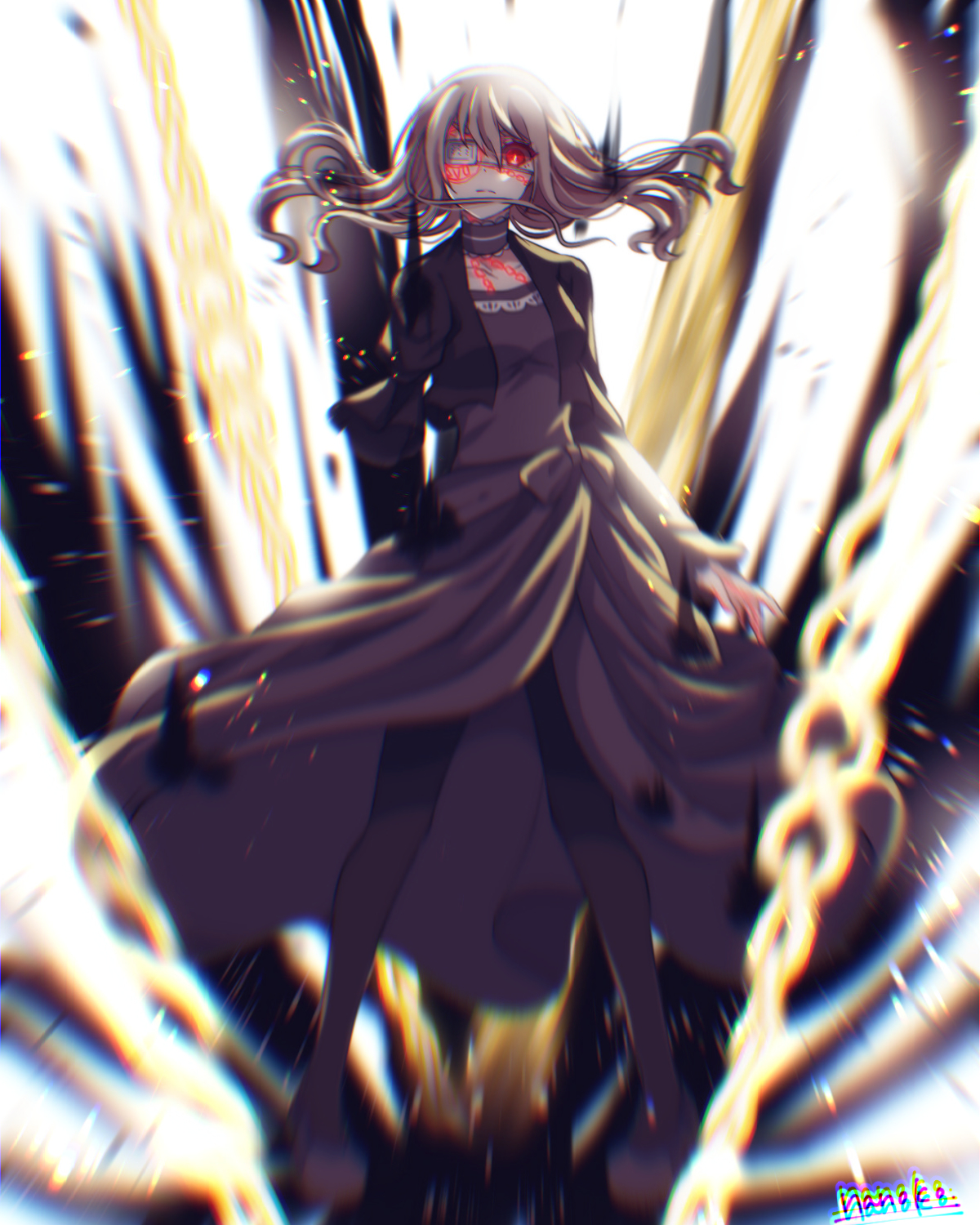 nanoko, noel cerquetti, higyaku no noel, highres, 1girl, black dress, black jacket, black pantyhose, black sclera, blonde hair, chain, choker, colored sclera, dress, eyepatch, jacket, long hair, medical eyepatch, pantyhose, red eyes, severed arm, severed limb, solo