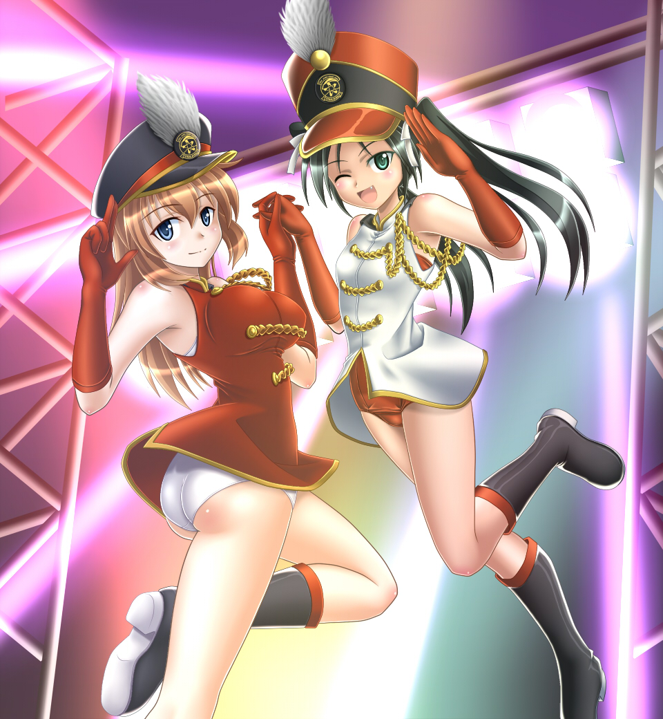 mushoku no hourousha, charlotte e. yeager, francesca lucchini, strike witches, world witches series, 00s, 2girls, band uniform, black hair, blue eyes, blush, boots, breasts, elbow gloves, fang, gloves, green eyes, hat, holding hands, long hair, majorette, marching band, medium breasts, multiple girls, one-piece swimsuit, orange hair, panties, pantyshot, shako cap, swimsuit, twintails, underwear