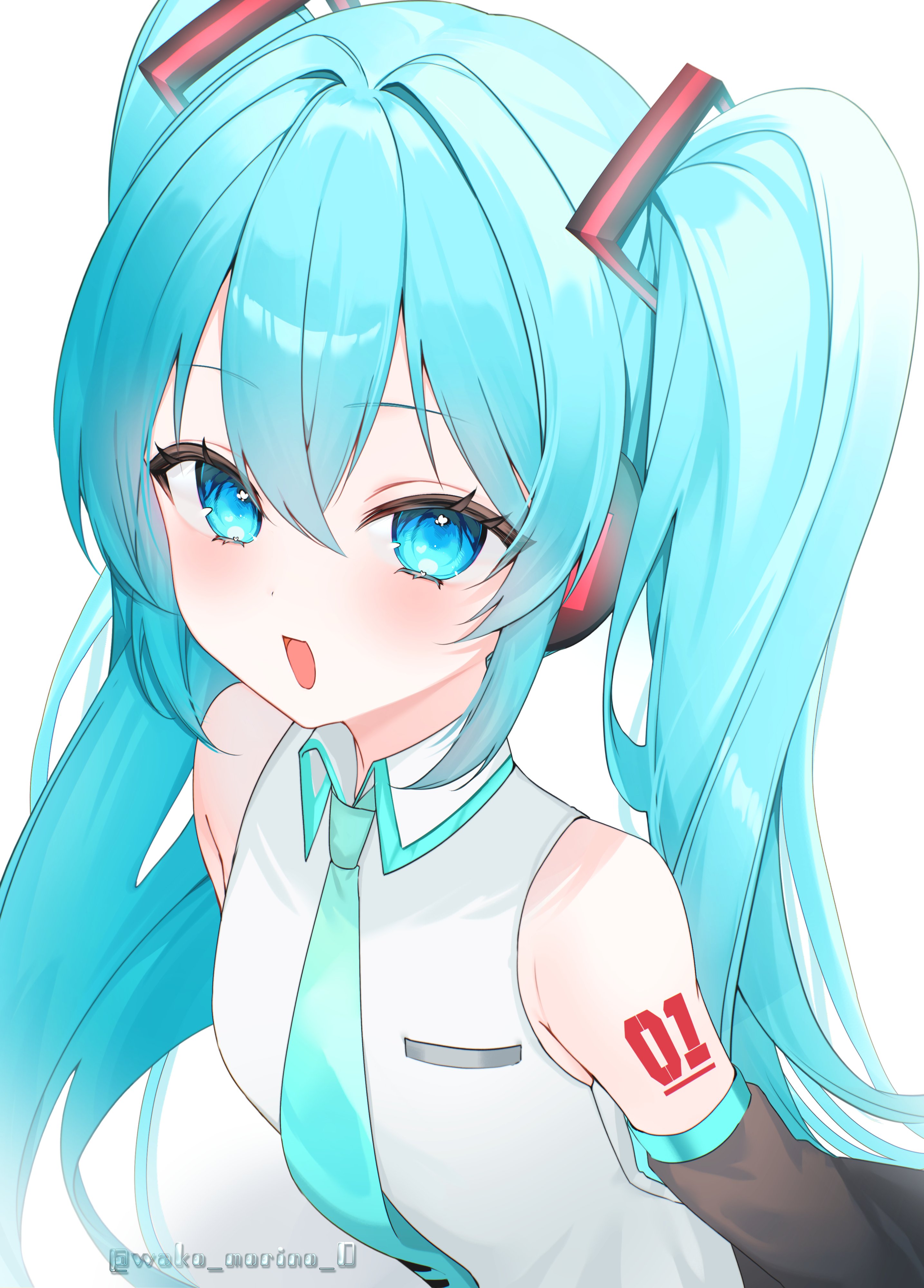 morino wako, hatsune miku, vocaloid, absurdres, commentary request, highres, 1girl, aqua necktie, aqua trim, bare shoulders, black sleeves, blue eyes, blue hair, collared shirt, detached sleeves, eyelashes, grey shirt, hair between eyes, hair intakes, hair ornament, headphones, long hair, long sleeves, looking at viewer, necktie, number tattoo, open mouth, shirt, shoulder tattoo, simple background, sleeveless, sleeveless shirt, solo, tattoo, twintails, twitter username, upper body, white background