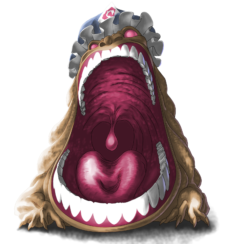 kai (artist), kai (ouf), kai (pixiv), abaddon (megami tensei), abaddon (persona), saigyouji yuyuko, atlus, persona, shin megami tensei, touhou, bad id, bad pixiv id, crossover, demon (megami tensei), gaping, hat, monster, no humans, open mouth, parody, uvula, what