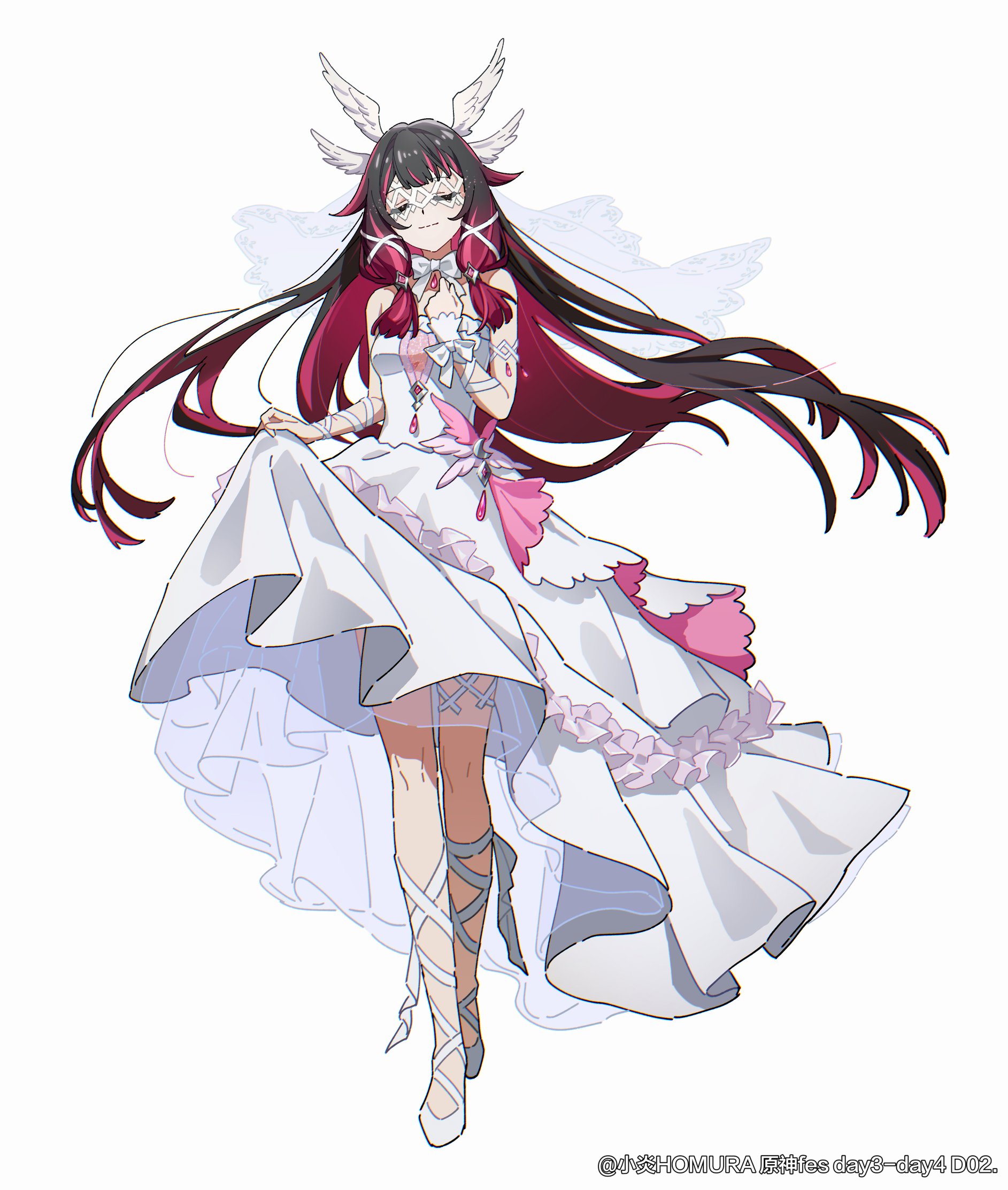 homura2414, columbina (genshin fes 2026) (genshin impact), columbina (genshin impact), genshin impact, highres, 1girl, black hair, blunt ends, closed eyes, dress, eye mask, hair between eyes, hair ornament, head wings, long hair, mask, multicolored hair, official alternate costume, pink hair, smile, solo, two-tone hair, veil, very long hair, white dress, white mask, wings