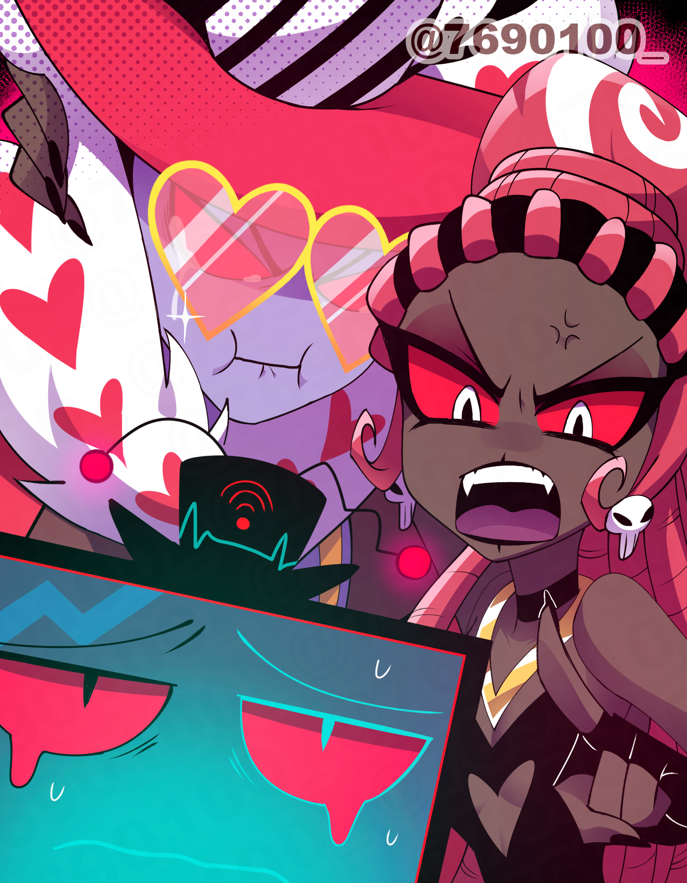 menattou, valentino (hazbin hotel), velvette (hazbin hotel), vox (hazbin hotel), hazbin hotel, hellaverse, commentary request, highres, 1girl, 2boys, :i, anger vein, angry, aqua eyes, bare shoulders, black choker, black eyes, black hair, black hat, black lips, black mouth, black nails, black shirt, breasts, choker, closed mouth, clothing cutout, coat, colored sclera, colored skin, cutout above navel, dark-skinned female, dark skin, dreadlocks, earrings, eyeshadow, fangs, forehead, frown, fur-trimmed coat, fur trim, gold necklace, halftone, halftone background, hand on another's shoulder, hat, heart, heart cutout, heart print, heterochromia, high ponytail, index finger raised, jewelry, long hair, looking at another, looking at viewer, makeup, multicolored hair, multiple boys, nail polish, necklace, object head, open clothes, open coat, open mouth, pointing, pointing at another, ponytail, purple skin, raised inner eyebrows, red background, red coat, red eyeshadow, red hair, red hat, red sclera, scar, scar on face, shirt, simple background, skull earrings, small breasts, strapless, strapless shirt, streaked hair, sweat, teeth, television, tongue, top hat, tsurime, twitter username, upper body, upper teeth only, v-shaped eyebrows, very dark skin, very long hair, wavy mouth, white eyes, white hair, wi-fi symbol