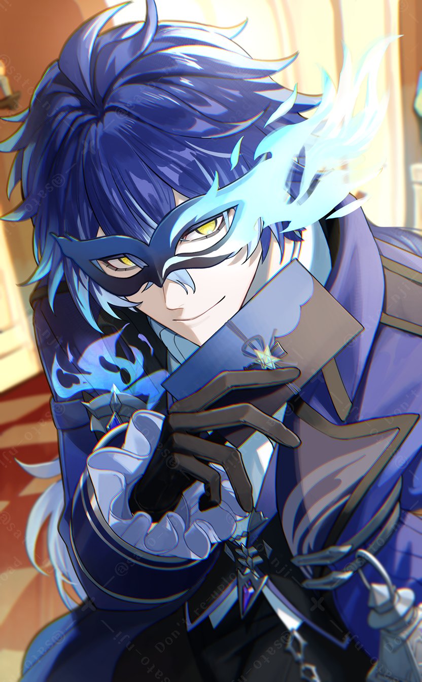 sato nji, flins (genshin fes 2026) (genshin impact), flins (genshin impact), genshin impact, highres, 1boy, ascot, black gloves, blue coat, blue hair, coat, gloves, hair between eyes, holding, long hair, long sleeves, looking at viewer, male focus, multicolored hair, official alternate costume, shirt, smile, solo, white ascot, white shirt, yellow eyes
