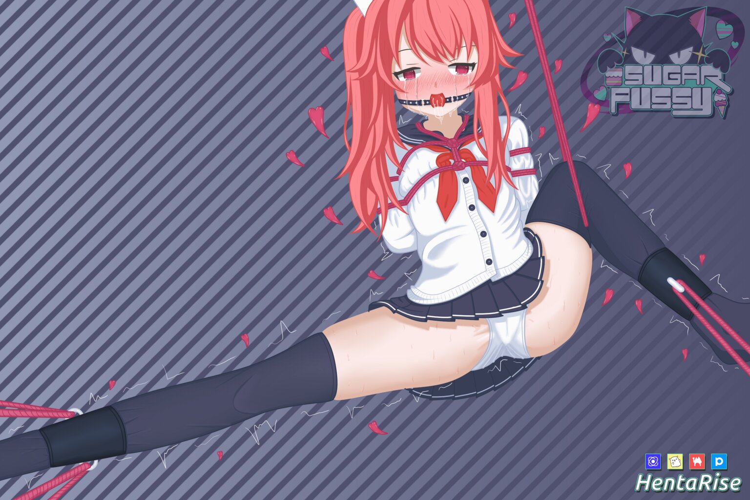 hentarise, natsu (blue archive), blue archive, commentary, english commentary, ball gag, bdsm, bondage, bound, bound arms, bound legs, cardigan, crotch seam, crying, gag, gagged, panties, pink eyes, pink hair, pleated skirt, rope, school uniform, sex toy, skirt, socks, spread legs, underwear, white cardigan, white panties