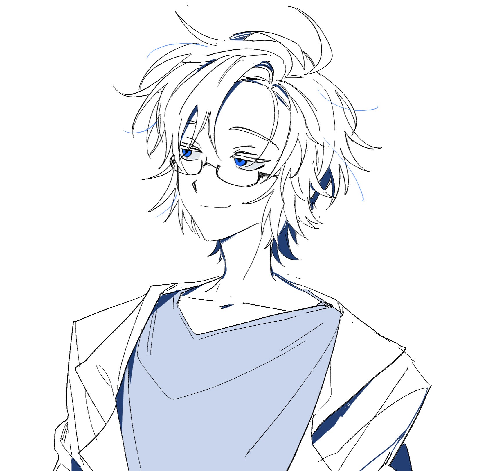 jigoneogul, kanou aogu, saibou shinkyoku, commentary request, highres, korean commentary, 1boy, blue eyes, blue shirt, closed mouth, collarbone, glasses, greyscale, jacket, lapels, male focus, monochrome, notched lapels, open clothes, open jacket, semi-rimless eyewear, shirt, short hair, simple background, smile, solo, spot color, upper body, white background