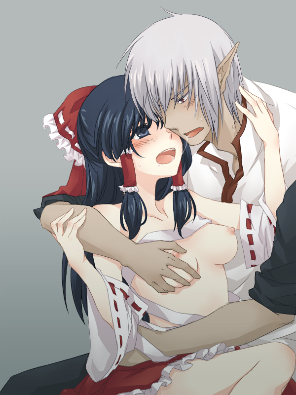 meg (artist), meg maru2, buront, elvaan, hakurei reimu, final fantasy, final fantasy xi, the iron of yin and yang, touhou, silver hair, bad id, bad pixiv id, 00s, 1boy, 1girl, black hair, bow, breasts, couple, crossover, detached sleeves, elf, grabbing another's breast, groping, hetero, long hair, nipples, pointy ears, red eyes, sarashi, short hair