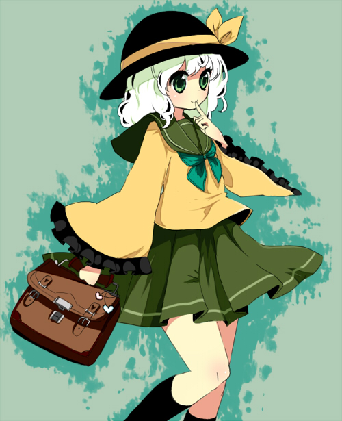 nijuu raku, tsudu, komeiji koishi, touhou, bad id, bad pixiv id, 1girl, bag, female focus, green eyes, green hair, hat, kneehighs, matching hair/eyes, school bag, short hair, socks, solo