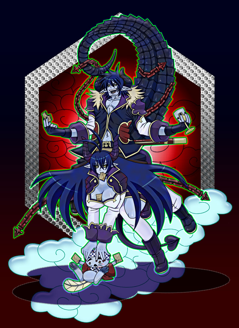 asmodeus (shinrabanshou), beelzebub (shinrabanshou), shinrabanshou, 1boy, 1girl, blue hair, blue skin, boots, breasts, brother and sister, card, chain, cleavage, colored skin, demon, demon boy, demon girl, demon tail, full body, gloves, horns, long hair, medium breasts, pointy ears, siblings, tail, very long hair, yellow eyes