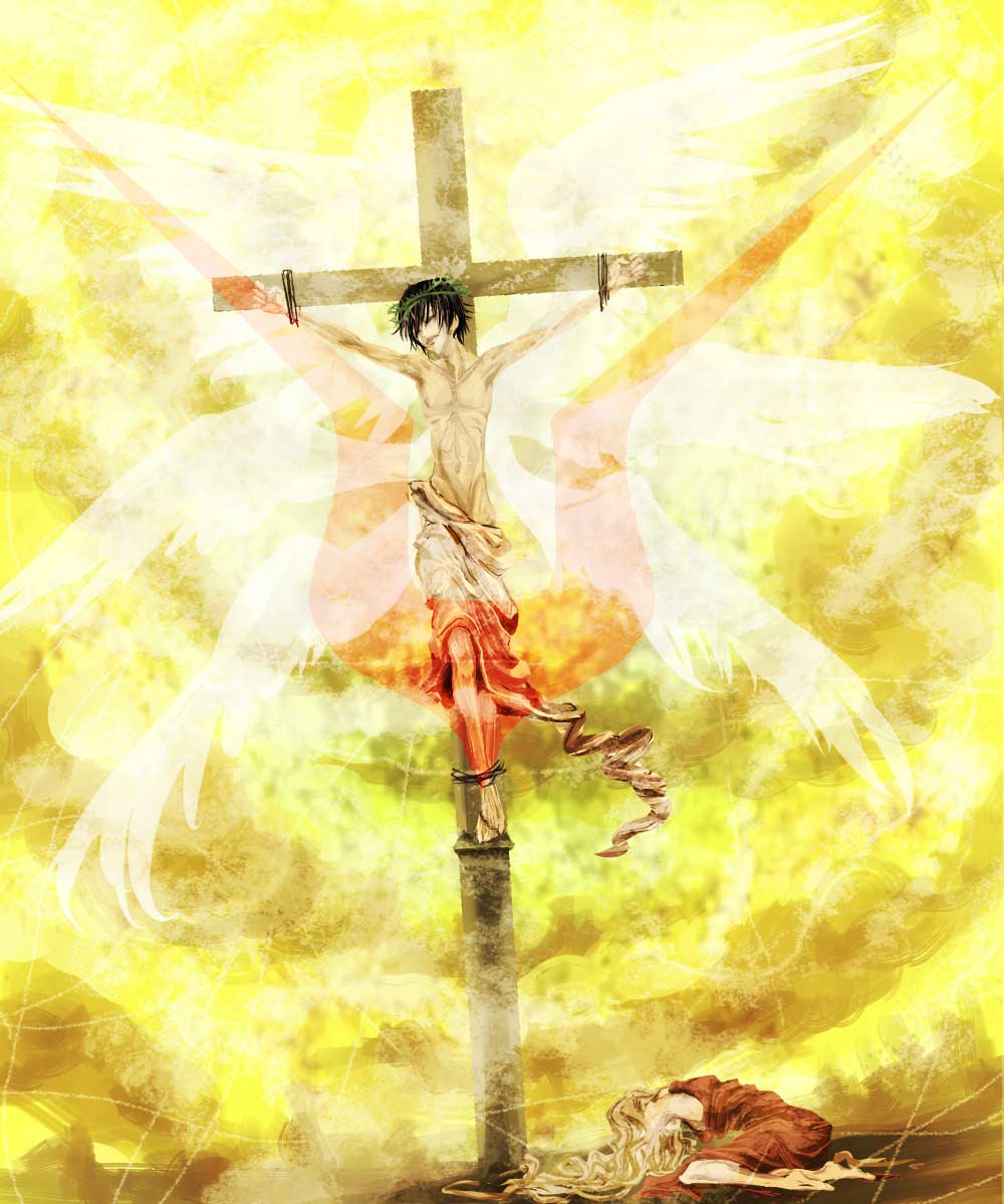 lelouch vi britannia, nunnally vi britannia, code geass, highres, 1boy, 1girl, barefoot, black hair, brother and sister, brown hair, chain, cosplay, cross, crown of thorns, crucifixion, feet, geass, jesus christ (cosplay), long hair, parody, siblings, skinny, topless male, wings