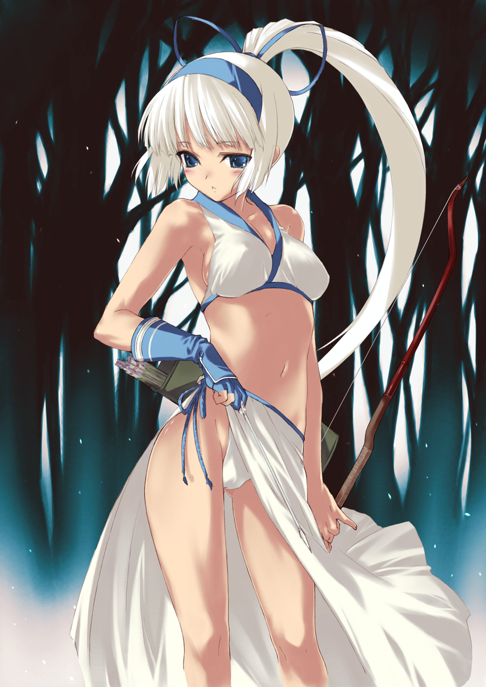 kawata hisashi, majikina mina, samurai spirits, snk, highres, 1girl, arrow (projectile), blue eyes, blue gloves, bow (weapon), breasts, dark-skinned female, dark skin, female focus, fingerless gloves, gloves, hair ribbon, hairband, halterneck, highleg, highleg panties, large breasts, long hair, midriff, navel, panties, ponytail, ribbon, sideboob, solo, standing, underwear, weapon, white hair, white panties