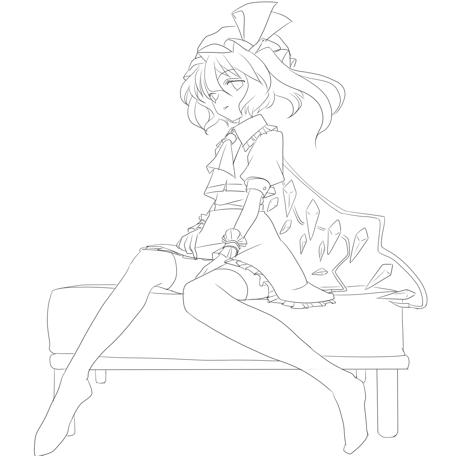 kuronuko neero, flandre scarlet, touhou, bad id, bad pixiv id, highres, 1girl, collared shirt, female focus, greyscale, hair between eyes, hat, legs, lineart, mob cap, monochrome, ponytail, shirt, short hair, side ponytail, solo, thighhighs, white background, wings