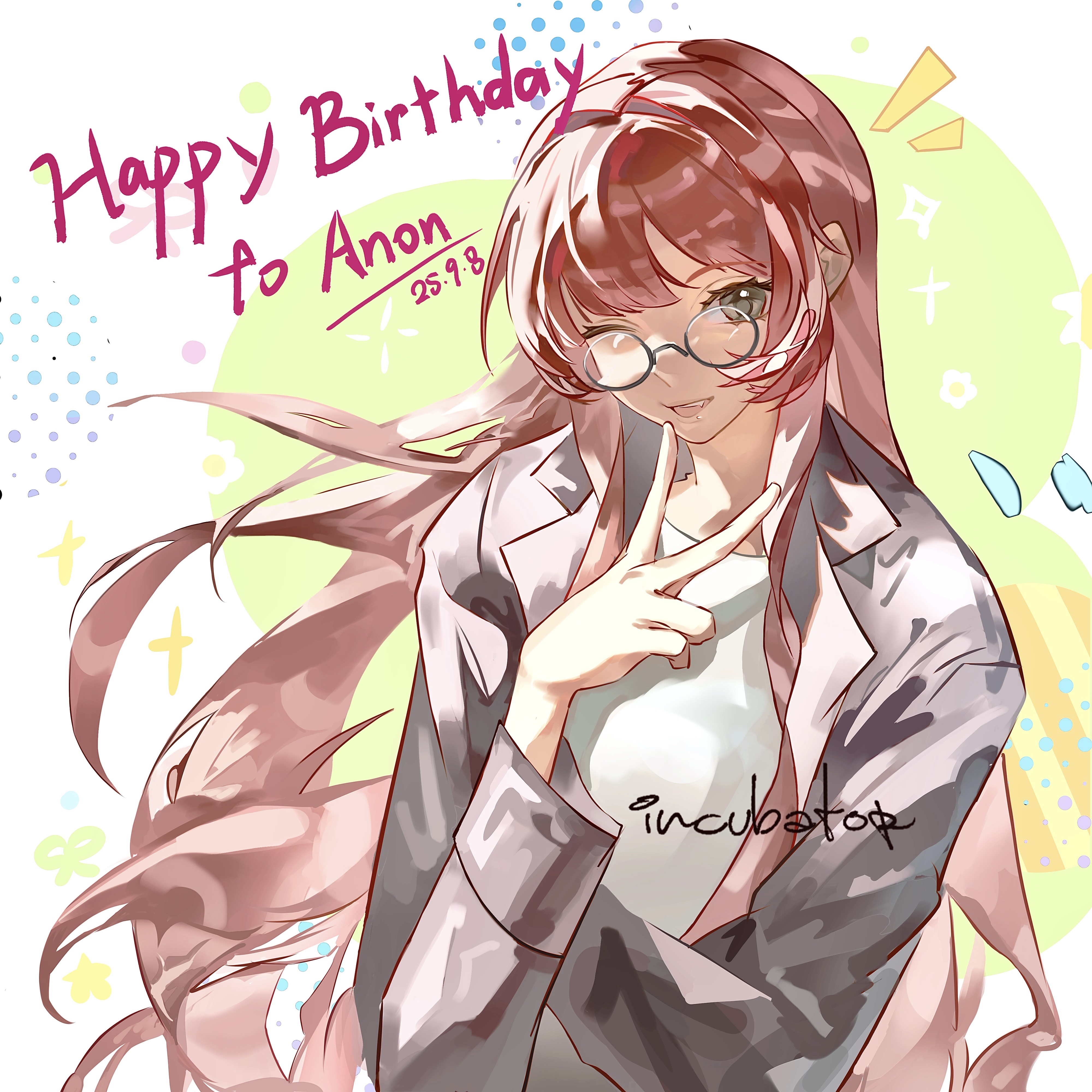 chihaya anon, bang dream!, bang dream! it's mygo!!!!!, absurdres, chinese commentary, commentary request, highres, variant set, 1girl, ;d, black-framed eyewear, black jacket, character name, dated, fang, glasses, grey eyes, happy birthday, inward v, jacket, long hair, long sidelocks, long sleeves, looking at viewer, notice lines, one eye closed, open clothes, open jacket, open mouth, pince-nez, red eyes, semi-rimless eyewear, shirt, sidelocks, smile, solo, under-rim eyewear, upper body, v, very long hair, white shirt, wu fuzuoyong