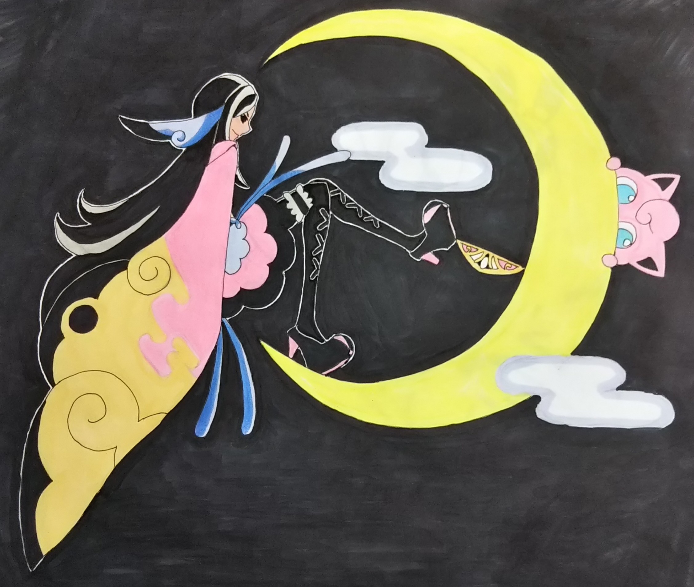 jigglypuff, valerie (pokemon), nintendo, pokemon, pokemon xy, commentary request, highres, traditional media, 1girl, aqua eyes, badge, badge (pokemon), black background, black hair, black pantyhose, black shoes, closed mouth, crescent, dax-dax, eyelashes, fairy badge (pokemon xy), from side, full body, gen 1 pokemon, high heels, japanese clothes, kimono, long hair, pantyhose, pink kimono, pokemon (creature), shoes, simple background, smile, very long hair