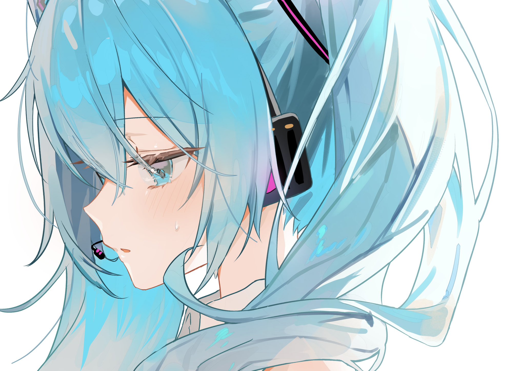 luna (luna610), hatsune miku, vocaloid, commentary request, highres, 1girl, black hair, blue eyes, collared shirt, from side, grey shirt, hair between eyes, hair ornament, light blush, long hair, looking down, microphone, parted lips, shirt, simple background, sleeveless, sleeveless shirt, solo, sweatdrop, twintails, white background