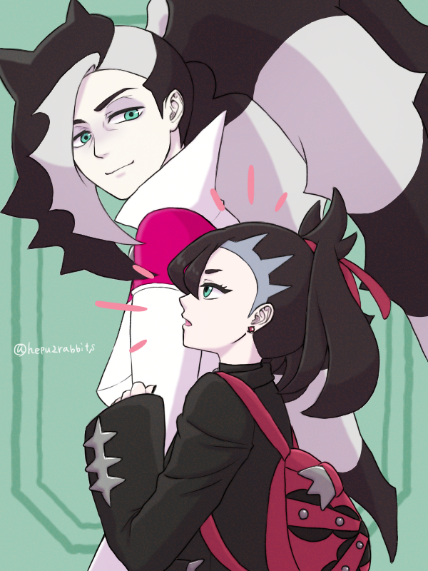 hepu2rabbits (epuusa), marnie (pokemon), piers (pokemon), nintendo, pokemon, pokemon swsh, highres, 1boy, 1girl, age difference, aqua eyes, asymmetrical bangs, backpack, bag, black choker, black hair, black jacket, black nails, brother and sister, choker, clenched hand, dress, earrings, emphasis lines, eyelashes, flat chest, from side, green background, hair ornament, happy, height difference, jacket, jewelry, leather, leather jacket, long hair, long sleeves, looking at another, looking up, multicolored hair, nail polish, open clothes, open jacket, open mouth, pale skin, pendant choker, pink dress, ponytail, profile, red bag, siblings, smile, standing, stud earrings, talking, turning head, twintails, two-tone hair, undercut, upper body, very long hair, white jacket