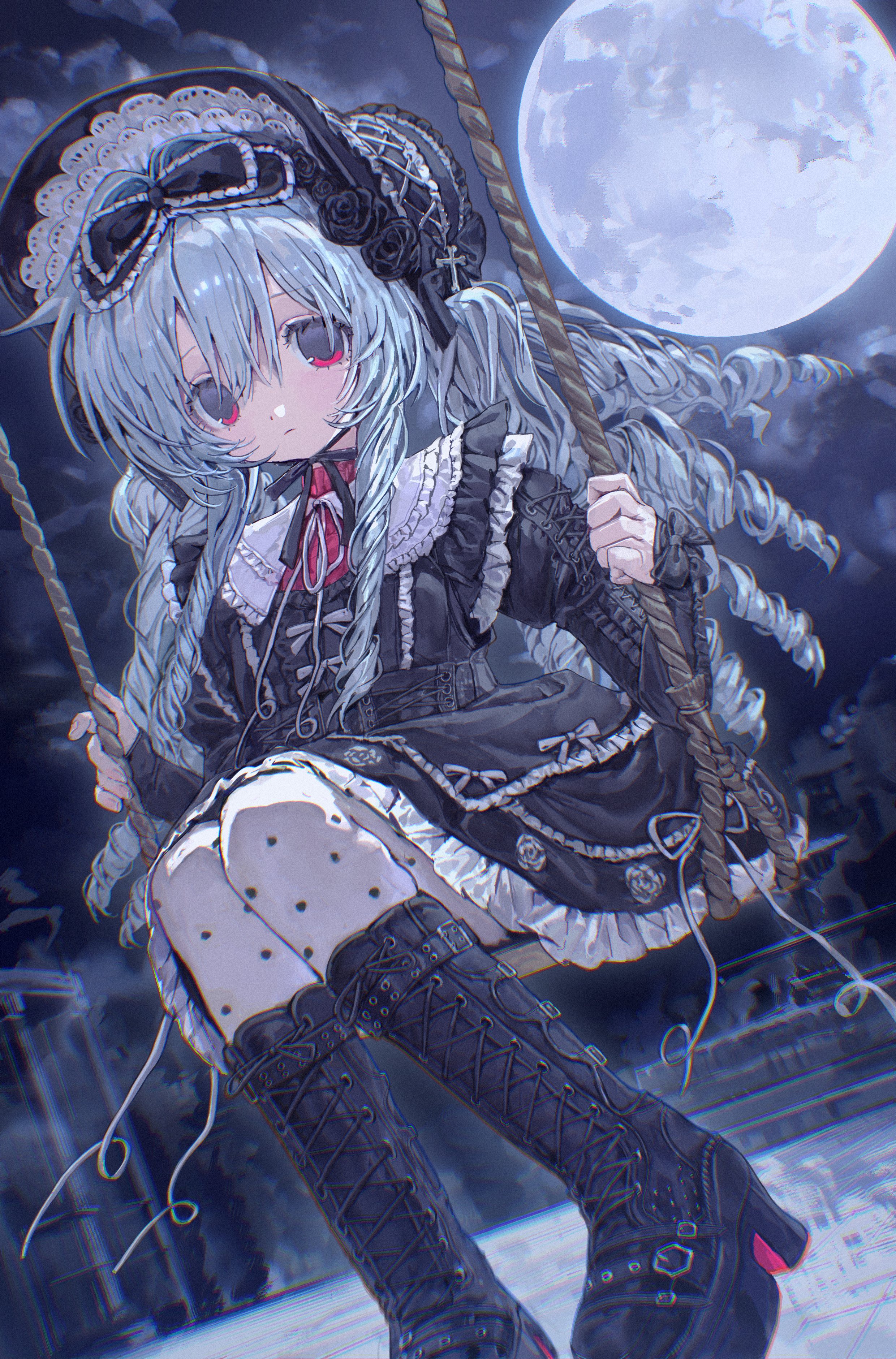 yamada mipo, original, absurdres, commentary, commission, highres, skeb commission, 1girl, black bonnet, black boots, black bow, black dress, black flower, black rose, blue hair, bonnet, boots, bow, chromatic aberration, closed mouth, dress, expressionless, flower, frilled dress, frills, full moon, gothic lolita, grey bow, hair bow, hair intakes, knee boots, lace-up boots, lolita fashion, long hair, long sleeves, moon, neck ribbon, night, on swing, outdoors, pantyhose, platform boots, polka dot, polka dot pantyhose, red eyes, ribbon, rose, sitting, solo, swing, tareme, very long hair, white pantyhose, white ribbon