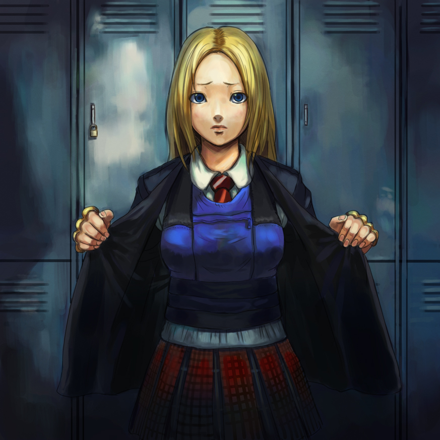 tatsunami takeshi, original, commentary, 1girl, album cover, armor, blazer, blonde hair, blouse, blue eyes, brass knuckles, breasts, bulletproof vest, cover, female focus, indoors, jacket, locker, long hair, necktie, open clothes, open jacket, school uniform, shirt, skirt, solo, standing, vest, weapon