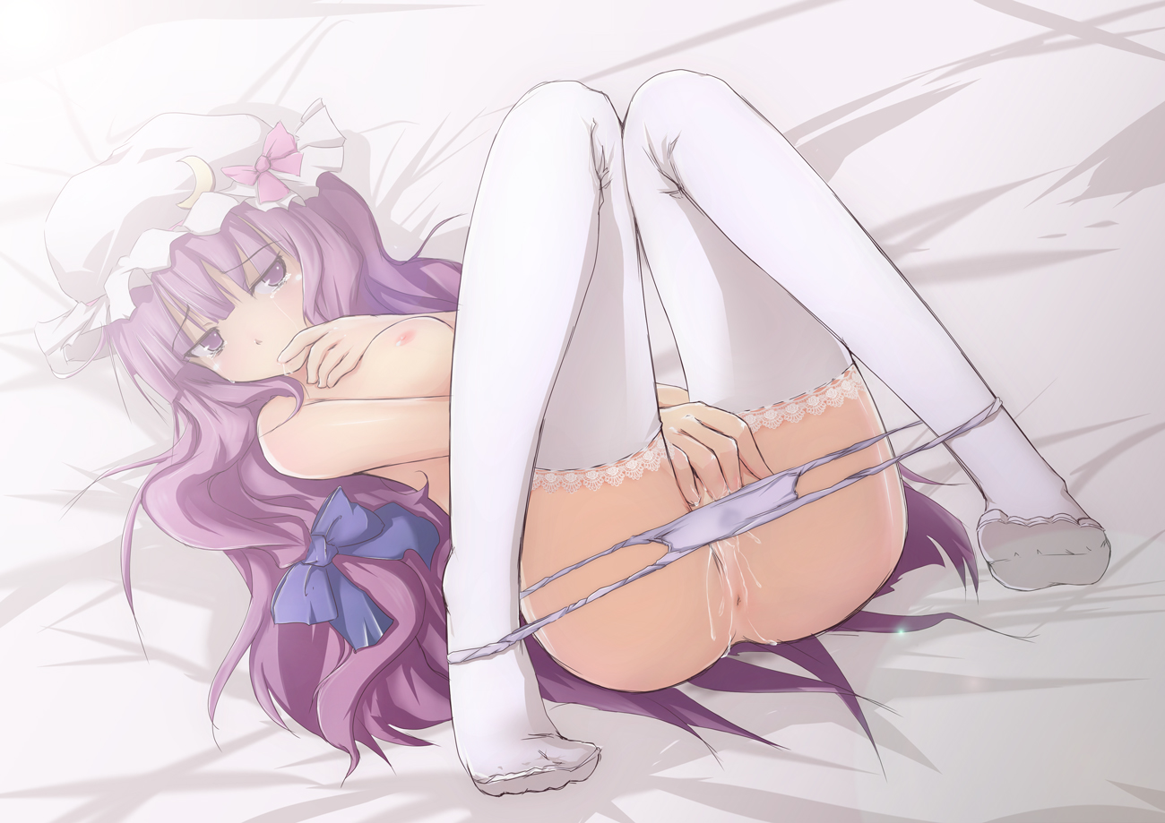 natsume riu, patchouli knowledge, touhou, lace-trimmed legwear, 1girl, anus, bed sheet, breasts, crying, crying with eyes open, feet, female focus, female masturbation, finger to mouth, fingering, hat, lace, lace trim, legs together, long hair, lying, masturbation, medium breasts, mob cap, no bra, no shoes, on back, panties, panty pull, purple eyes, purple hair, pussy juice, pussy juice trail, small areolae, small nipples, solo, tears, thighhighs, underwear, white thighhighs