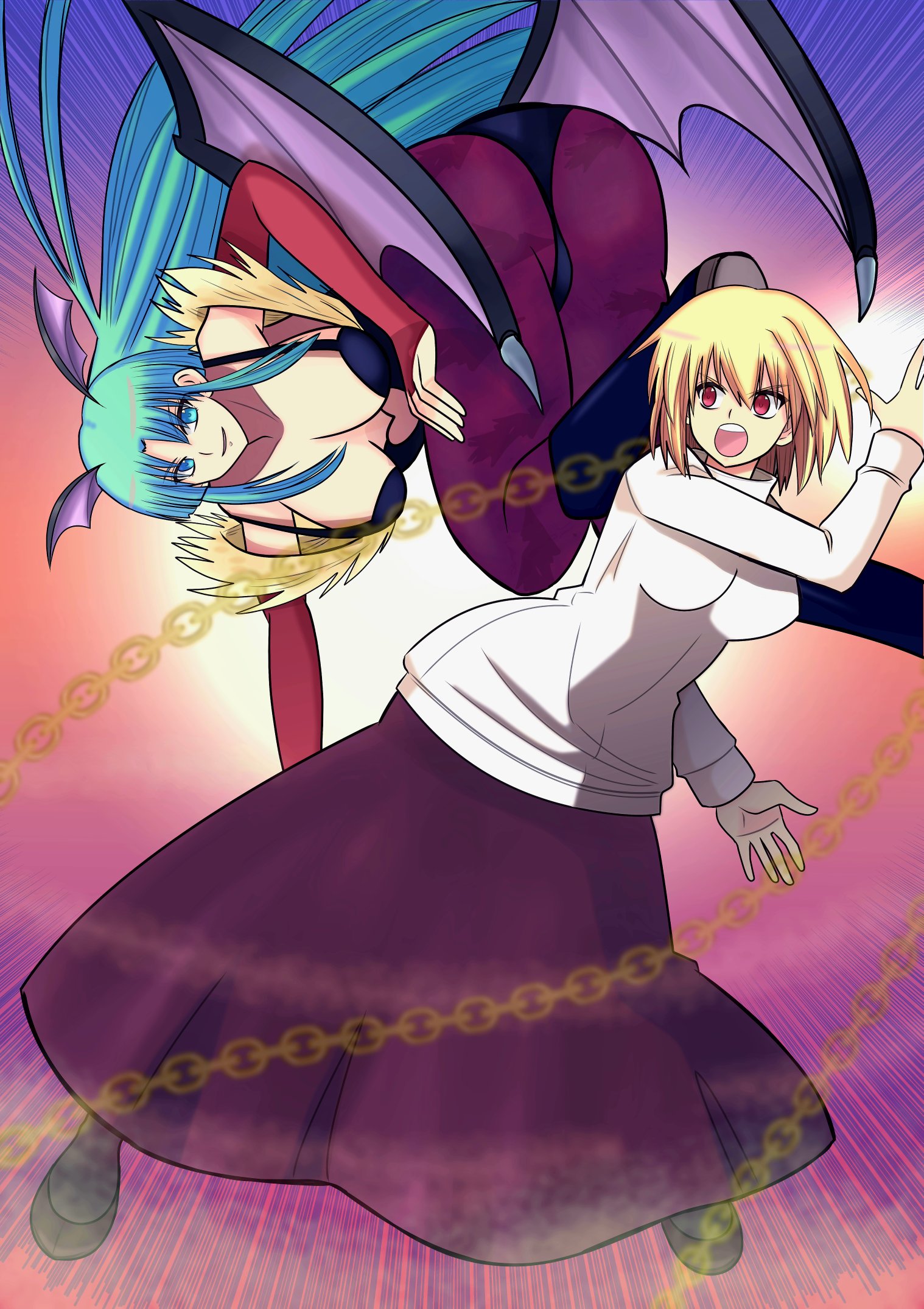 masatoshi ikeda (uug28aiuopy2six), arcueid brunestud, morrigan aensland, darkstalkers, tsukihime, highres, 2girls, anger vein, angry, ass, bare shoulders, blonde hair, breasts, chain, cleavage, cleavage cutout, closed eyes, clothing cutout, crossover, fighting, fighting stance, fingernails, floating hair, green eyes, green hair, head wings, incoming attack, large breasts, leotard, long hair, looking at another, multiple girls, pantyhose, purple skirt, red eyes, short hair, sketch, skirt, smile, sweater, turtleneck, turtleneck sweater, wavy hair, white sweater, wide hips, wings