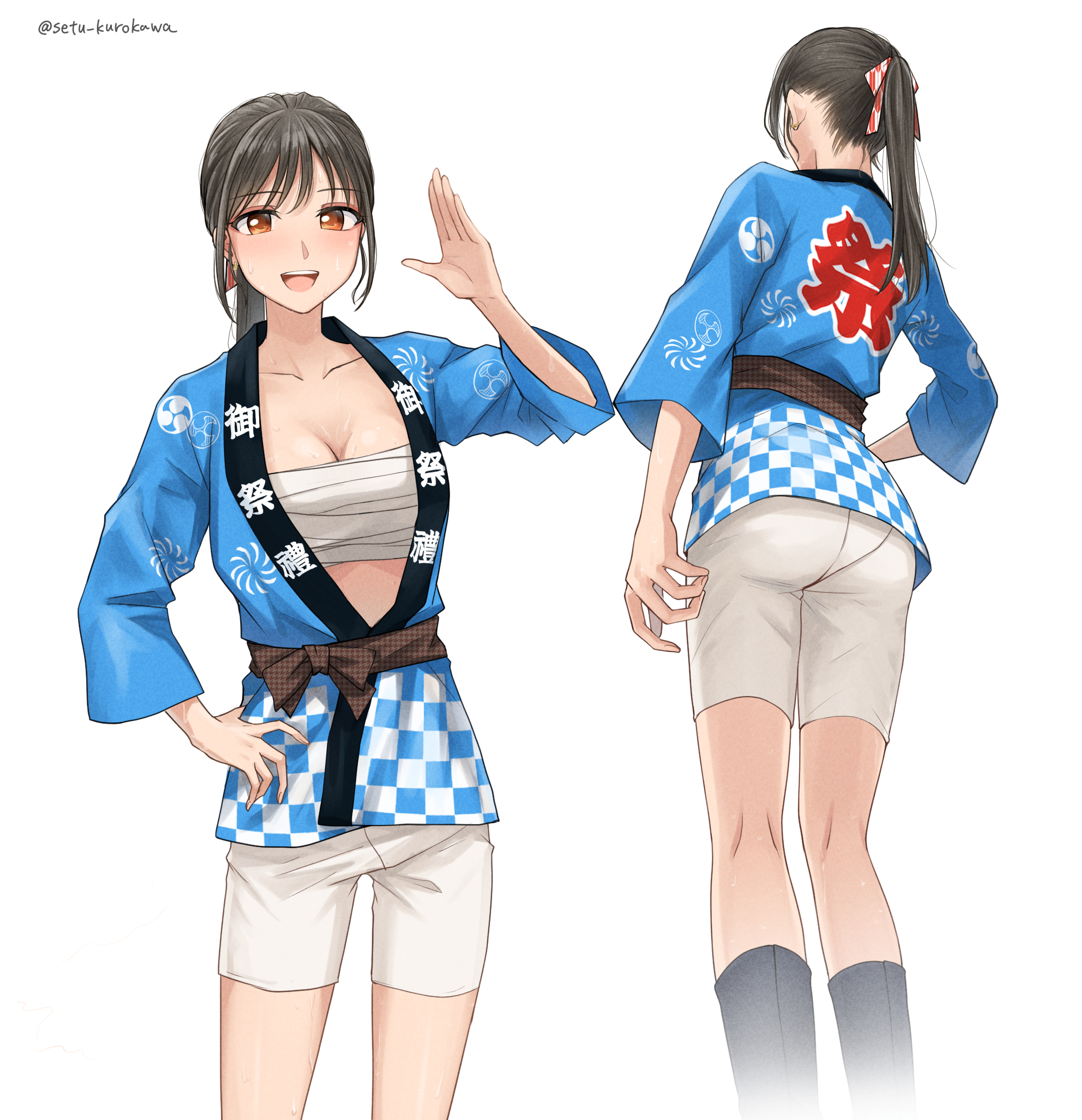setu kurokawa, original, commission, highres, pixiv commission, 1girl, :d, artist name, black hair, blue haori, breasts, brown eyes, chest sarashi, cleavage, collarbone, from behind, from below, hand on own hip, haori, japanese clothes, long hair, multiple views, open mouth, ponytail, sarashi, shorts, simple background, smile, standing, sweat, teeth, tongue, twitter username, upper teeth only, watermark, waving, white background, white shorts