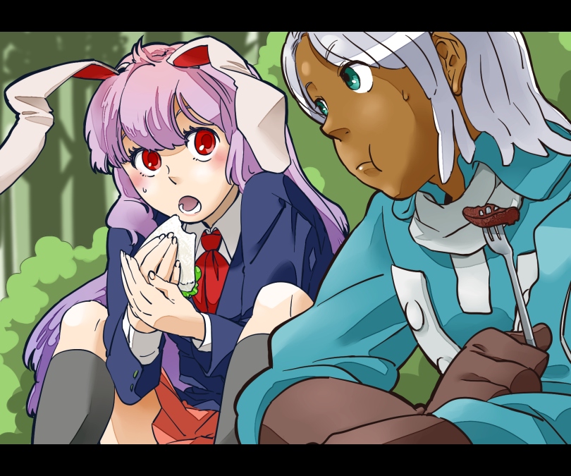 yukataro, loran cehack, reisen udongein inaba, gundam, touhou, turn a gundam, bad id, bad pixiv id, 1boy, 1girl, animal ears, crossover, dark skin, eating, fork, letterboxed, rabbit ears