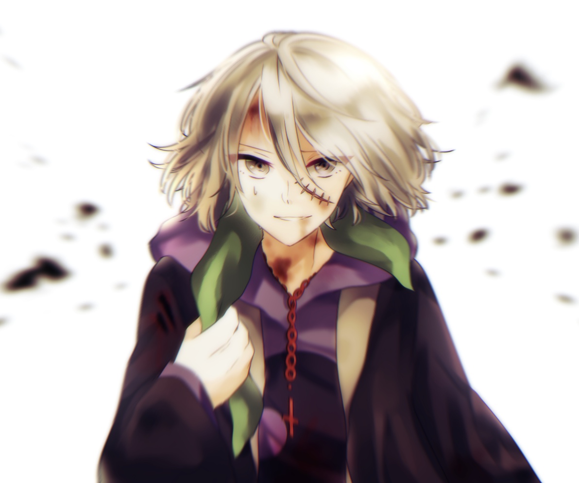 nanoko, higyaku no noel, 1boy, agatha flattz, bandana, cross, cross necklace, grey eyes, grey hair, hood, hoodie, jewelry, male focus, necklace, purple hoodie, scar, scar on face, smile, upper body