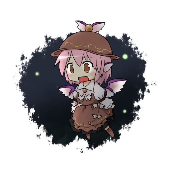 yamabuki (yusuraume), mystia lorelei, yamabuki, touhou, 1girl, brown eyes, chibi, female focus, happy, hat, pink hair, short hair, solo, wings
