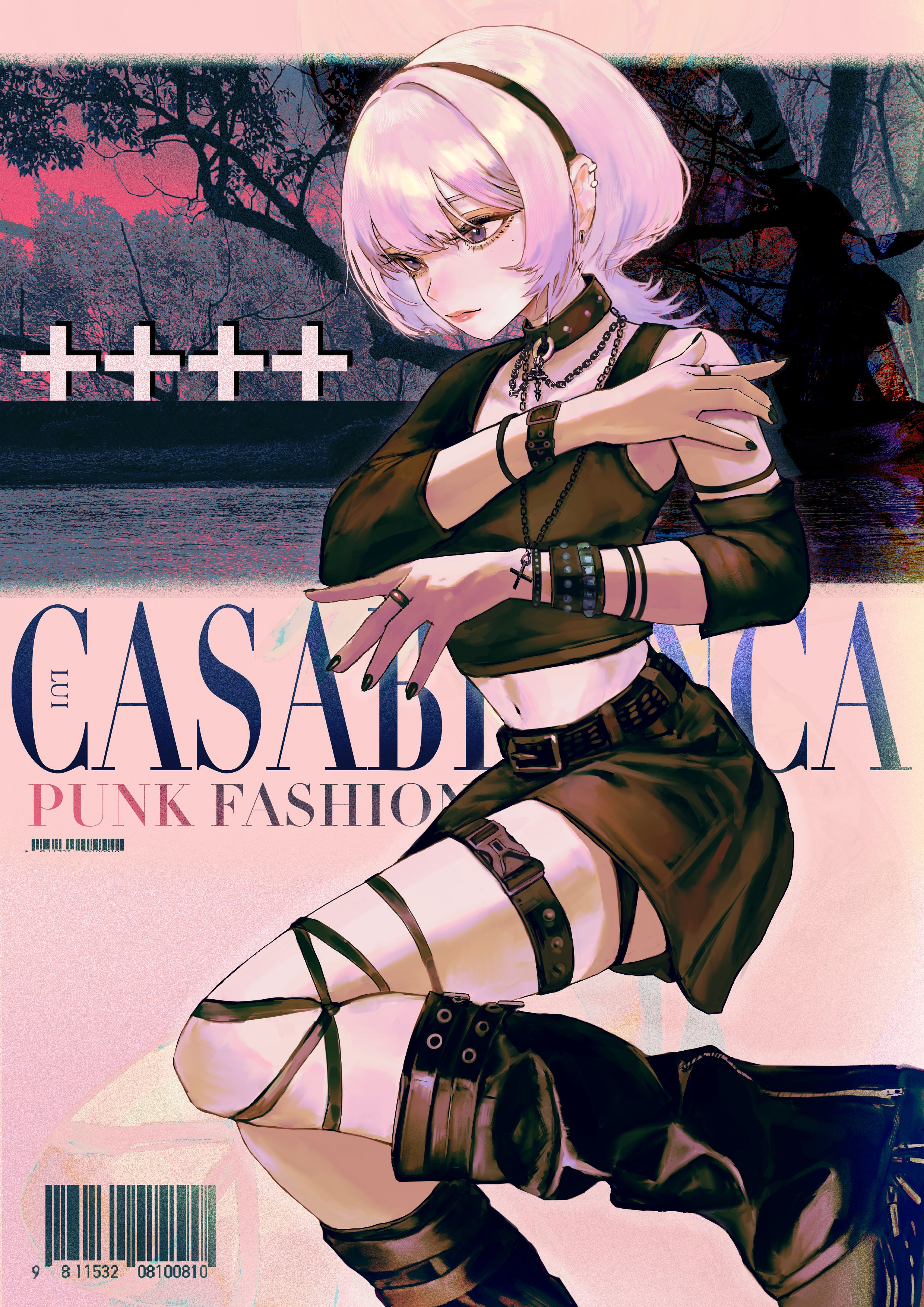 lui n24, original, absurdres, highres, 1girl, artist name, barcode, belt, black belt, black boots, black choker, black hairband, black nails, black shirt, black skirt, blush, boots, bracelet, breasts, chain, chain necklace, choker, closed mouth, collarbone, cross, cross necklace, earclip, earrings, english text, eyelashes, feet out of frame, from side, gothic punk, hairband, hand on own shoulder, jewelry, lips, long sleeves, looking to the side, medium hair, midriff, mole, mole under eye, multiple bracelets, multiple moles, navel, necklace, nose, photo background, pink hair, purple eyes, ring, shirt, single bare shoulder, skirt, small breasts, solo, studded bracelet, studded choker, thigh strap, wolf cut