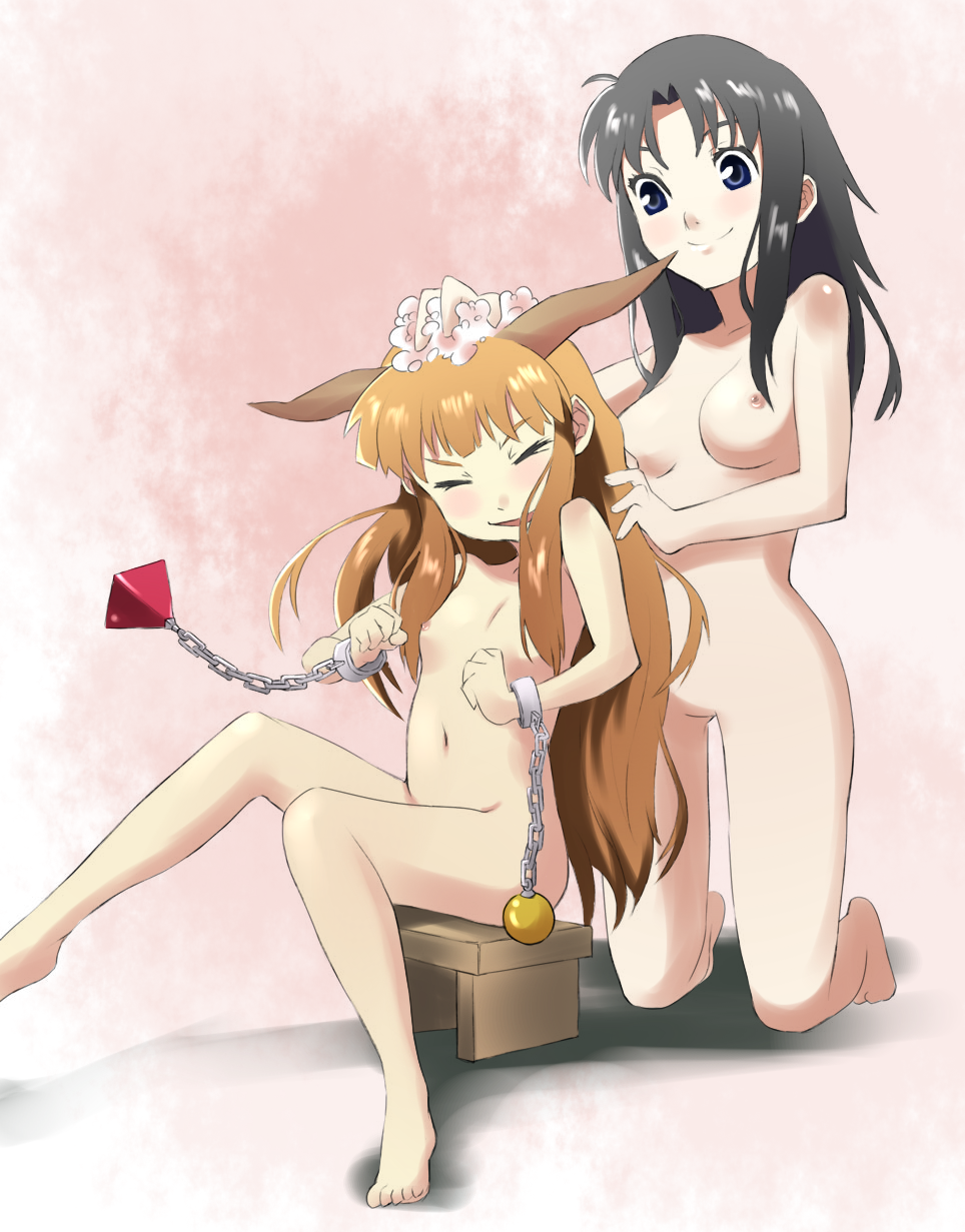 reon (pixiv), reon (saikyou), hakurei reimu, ibuki suika, touhou, washing, bad id, bad pixiv id, highres, 2girls, ball, barefoot, bath, bathing, black hair, blue eyes, breasts, brown hair, chain, closed eyes, cuffs, female focus, flat chest, horns, kneeling, loli, medium breasts, multiple girls, nipples, no pussy, nude, orange hair, same-sex bathing, shared bathing, sitting, small breasts, wince