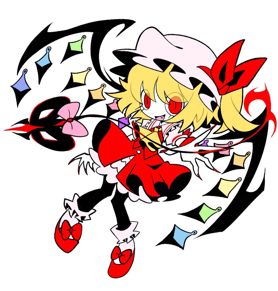 dmebgsa3, flandre scarlet, touhou, 1girl, ascot, blonde hair, bow, collared shirt, dot nose, fang, footwear bow, frilled socks, frills, full body, hat, hat bow, laevatein (touhou), medium hair, mob cap, open mouth, pink bow, puffy short sleeves, puffy sleeves, reaching, reaching towards viewer, red bow, red eyes, red shoes, red skirt, red vest, shirt, shoes, short sleeves, simple background, skirt, slit pupils, smile, socks, solo, vest, white background, white hat, white shirt, white socks, wings, yellow ascot
