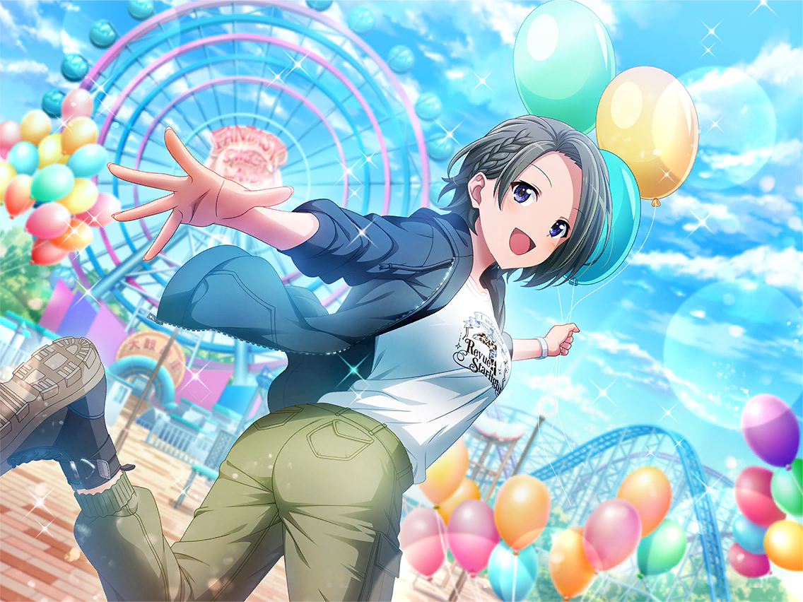 minase suzu, shoujo kageki revue starlight, shoujo kageki revue starlight -re live-, game cg, official art, 1girl, amusement park, balloon, black jacket, black shoes, braid, clothes writing, ferris wheel, forehead, green pants, grey hair, holding, holding balloon, hood, hood down, hooded jacket, jacket, long sleeves, looking at viewer, open clothes, open jacket, open mouth, outstretched arm, pants, purple eyes, shirt, shoes, short hair, side braid, solo, twisted torso, upper body, white shirt