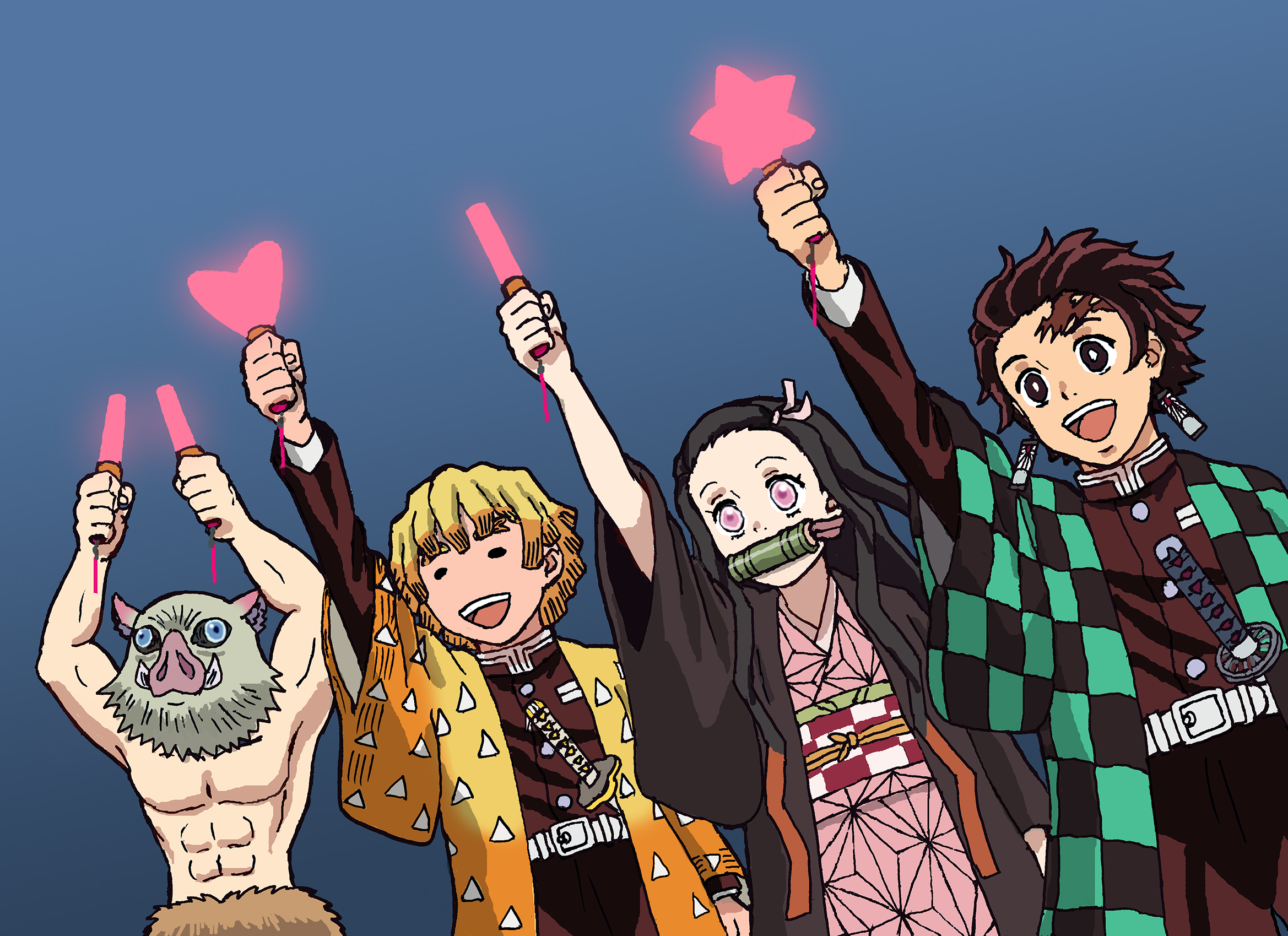 shideboo (shideboh), agatsuma zenitsu, hashibira inosuke, kamado nezuko, kamado tanjirou, kimetsu no yaiba, commentary request, highres, 1girl, 3boys, = =, abs, arm up, arms up, bamboo, bit gag, black hair, blonde hair, boar mask, brother and sister, brown eyes, brown hair, checkered haori, demon slayer uniform, gag, glowstick, hair ribbon, haori, heart, holding, holding glowstick, japanese clothes, katana, kimono, multicolored hair, multiple boys, muscular, muscular male, orange hair, pectorals, pink eyes, pink kimono, ribbon, scar, scar on face, scar on forehead, siblings, star (symbol), streaked hair, sword, topless male, two-tone hair, weapon